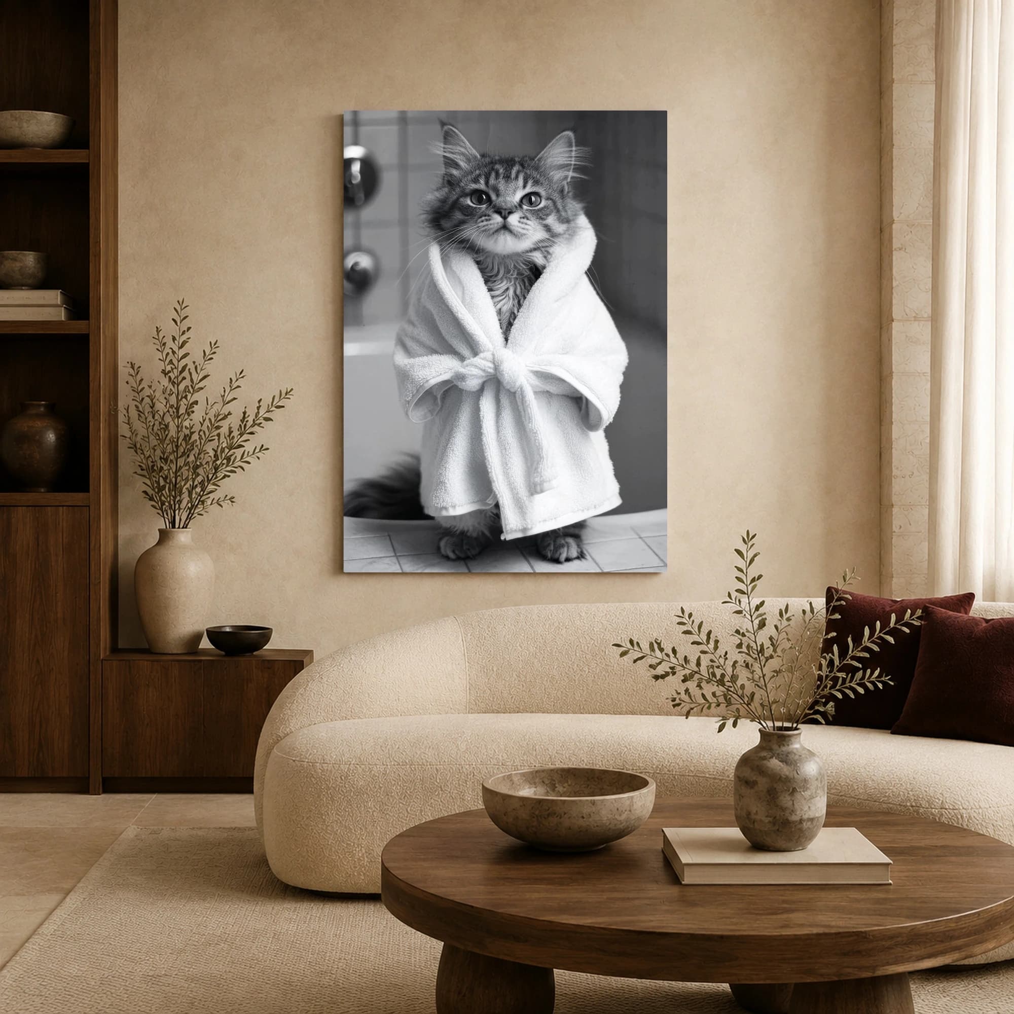 Spa Cat in White Bathrobe Black and White Wall Art, view 6