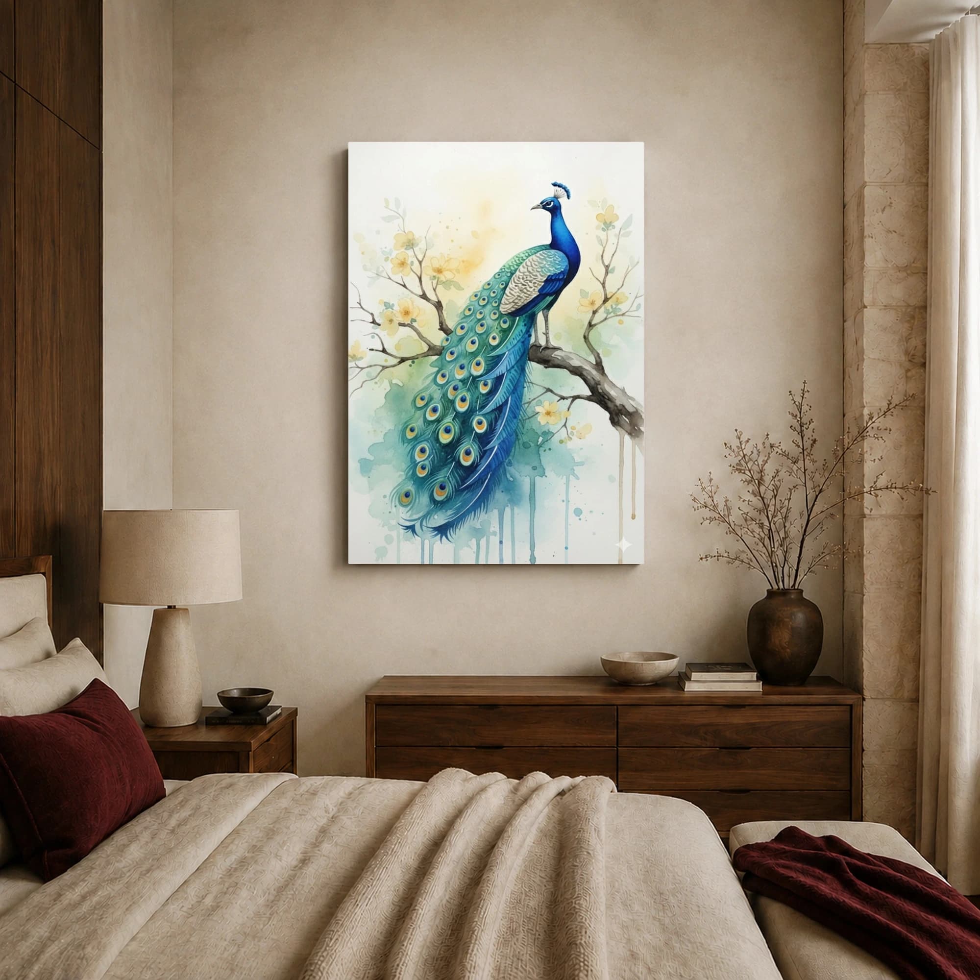 Watercolor Peacock Wall Art on Flowering Branch Canvas Print, view 6