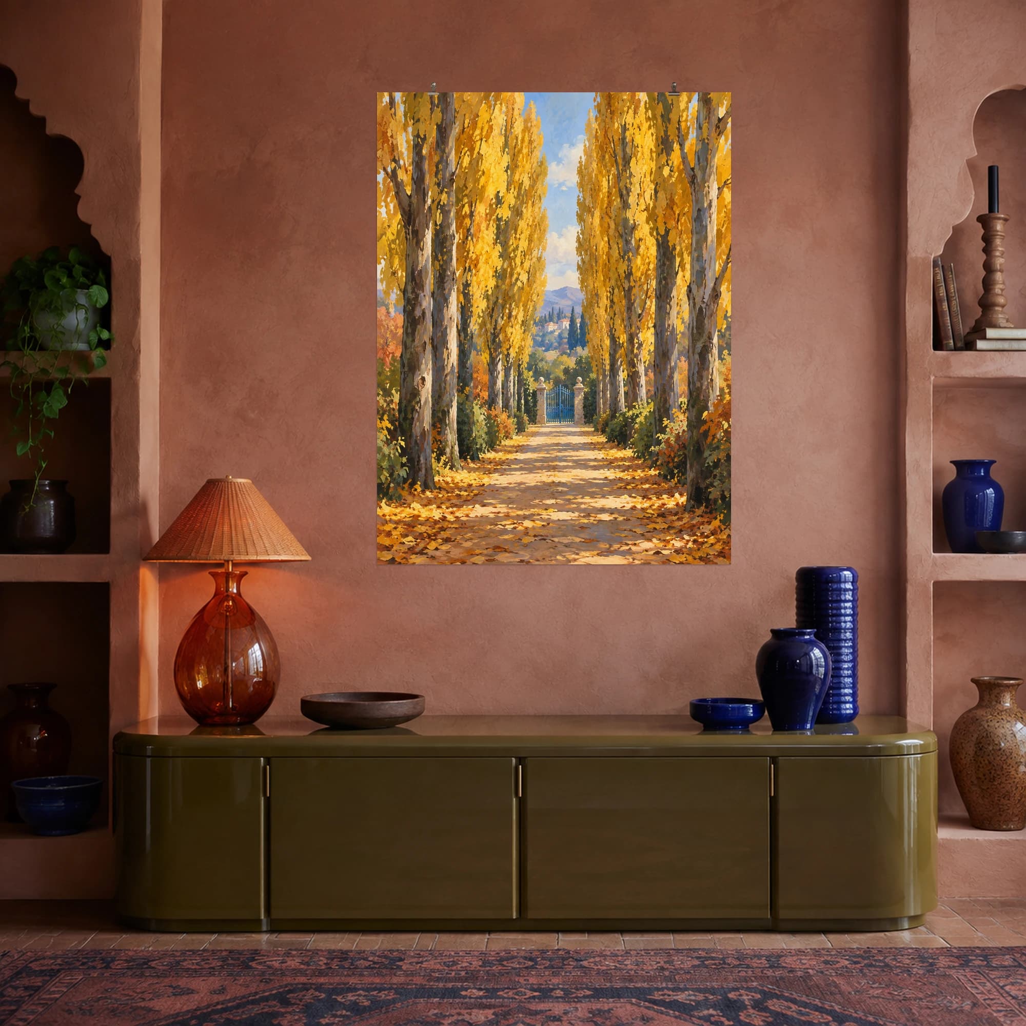 This gouache-style composition features a straight avenue of golden poplars with a small blue gate at its end and soft autumn sunlight on the path. Expressive brushwork and a balanced palette bring warmth and character to your space.