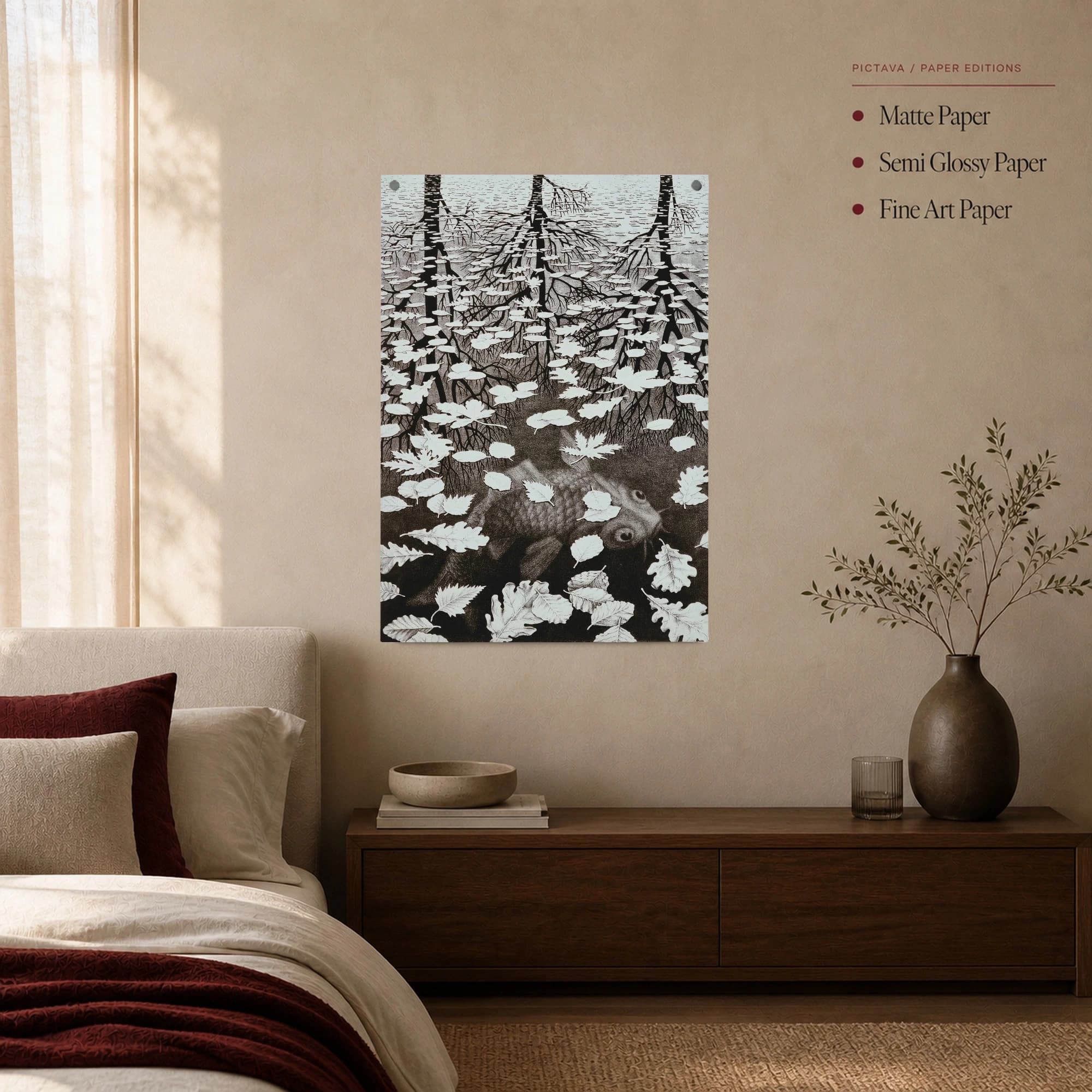 Surreal Monochrome Optical Illusion Tree and Fish Art Print, view 3