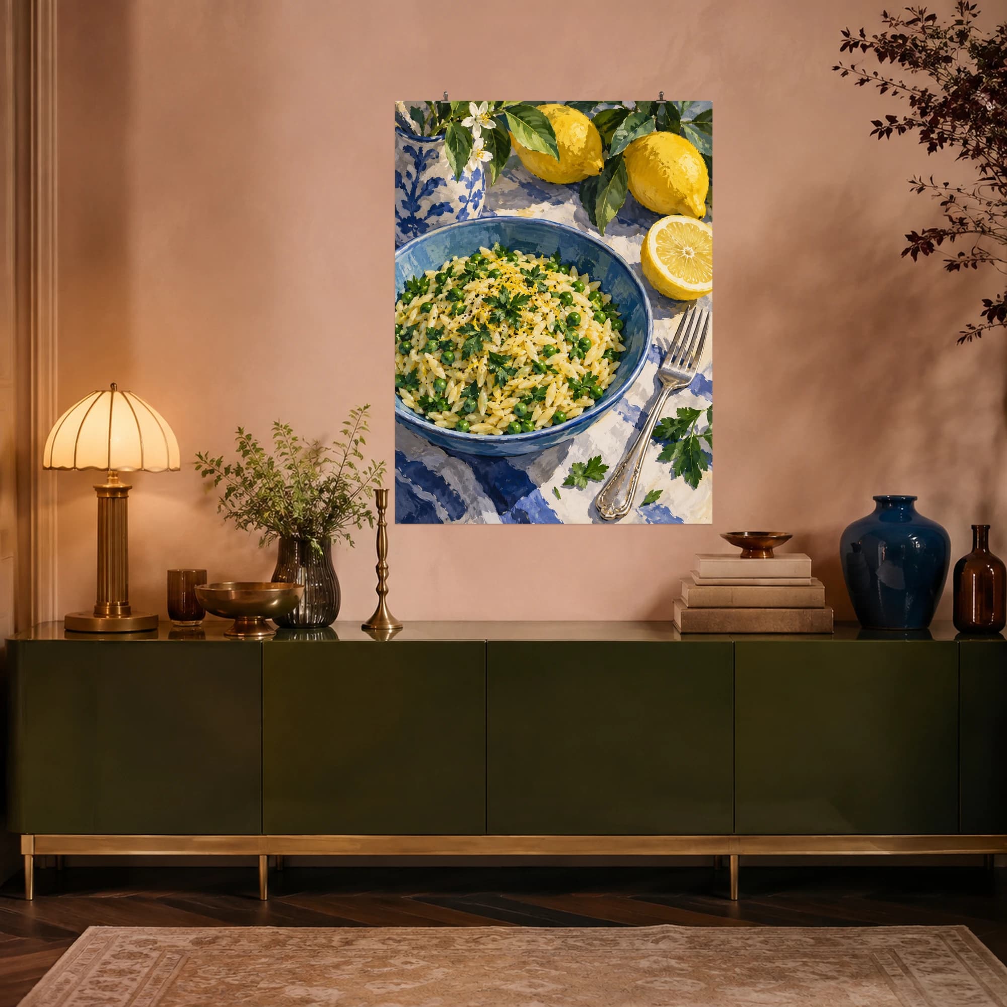 This gouache-style composition features a shallow blue bowl of lemon herb orzo with peas parsley and a silver fork beside a halved lemon. Expressive brushwork and a balanced palette bring warmth and character to your space.