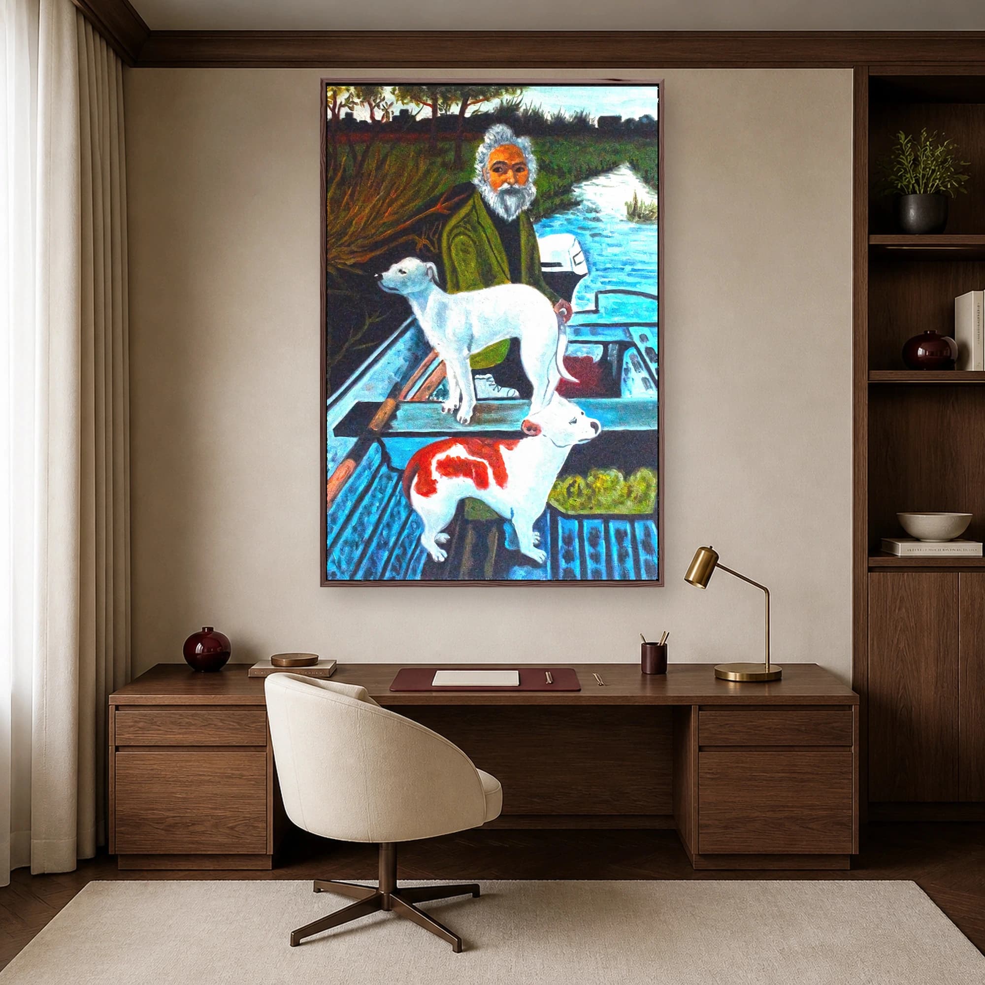 Man and Dogs on a Blue Boat Folk Art Canvas Print, view 6
