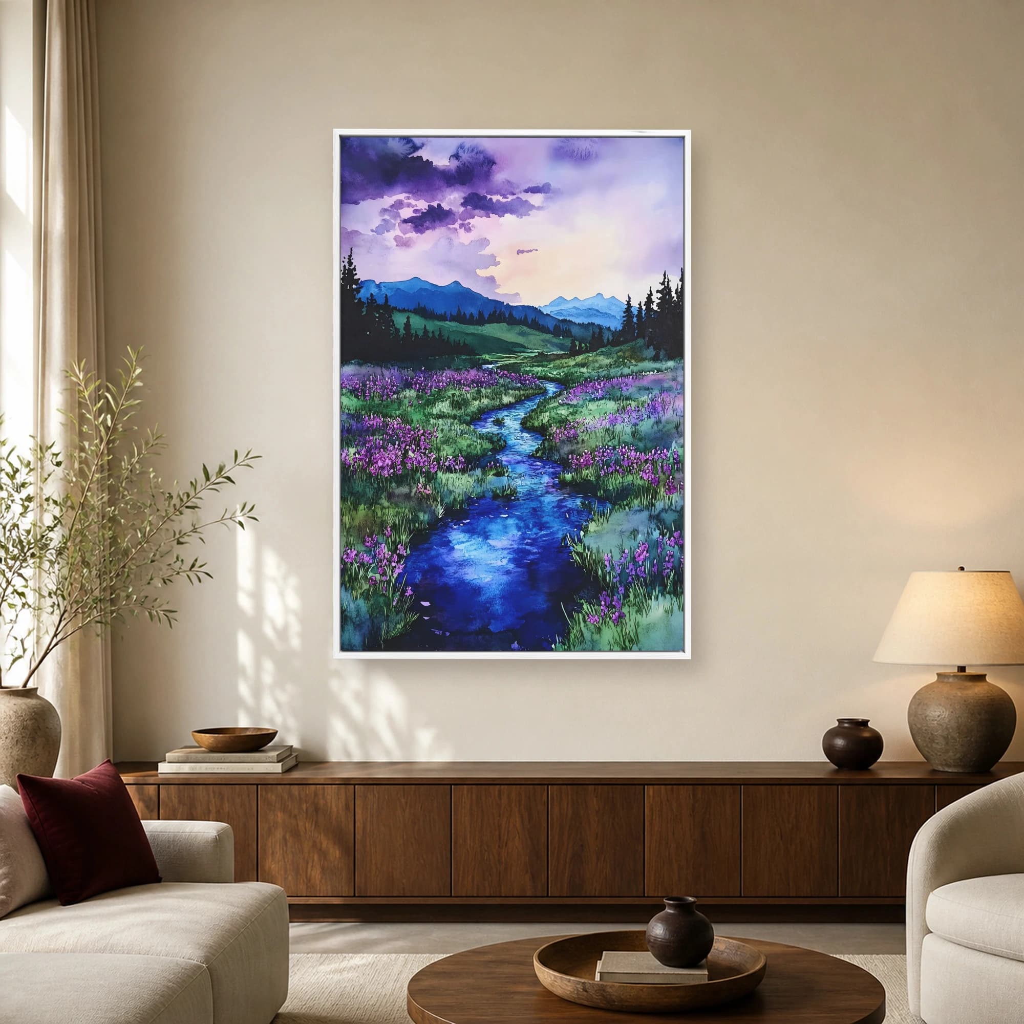 Purple Valley River Watercolor Landscape Wall Art, view 2