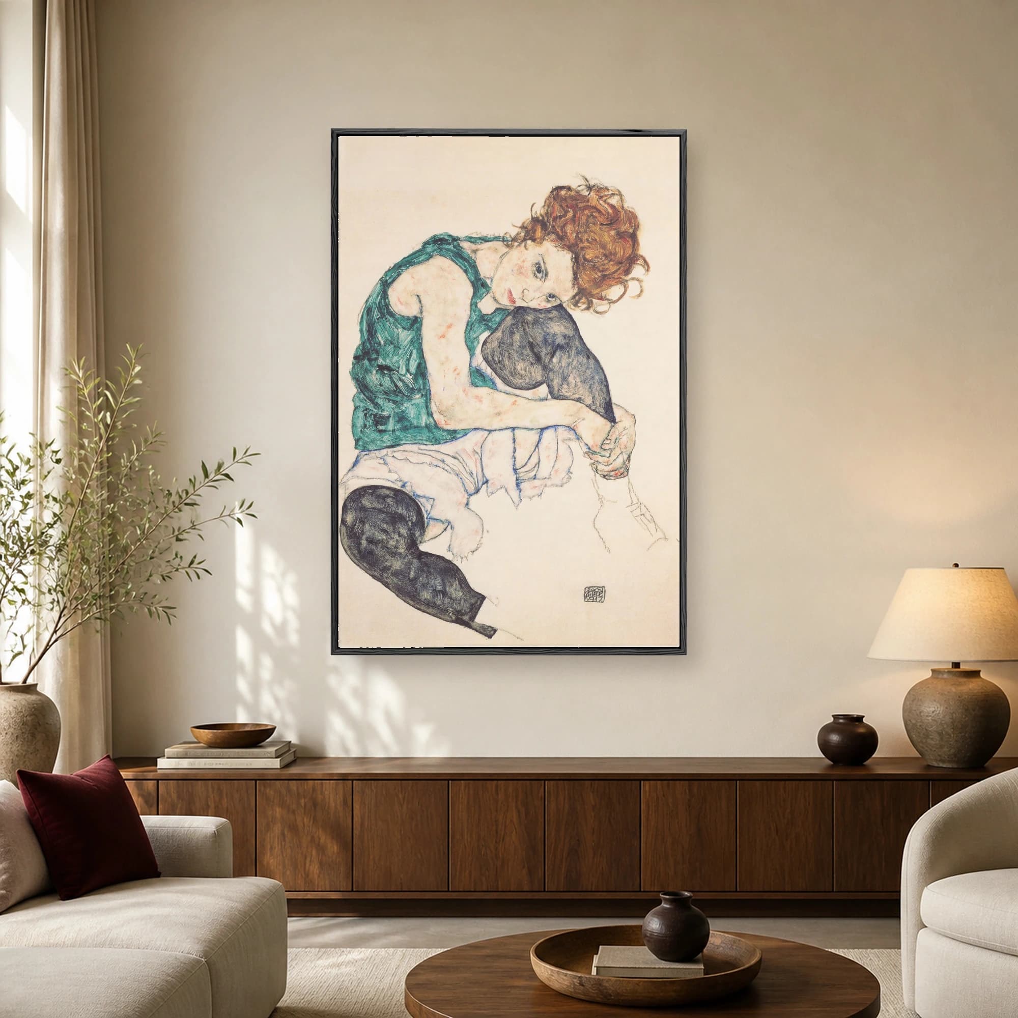 Vintage pastel drawing of a seated woman with curly hair wearing a teal top and white skirt, looking to the side.