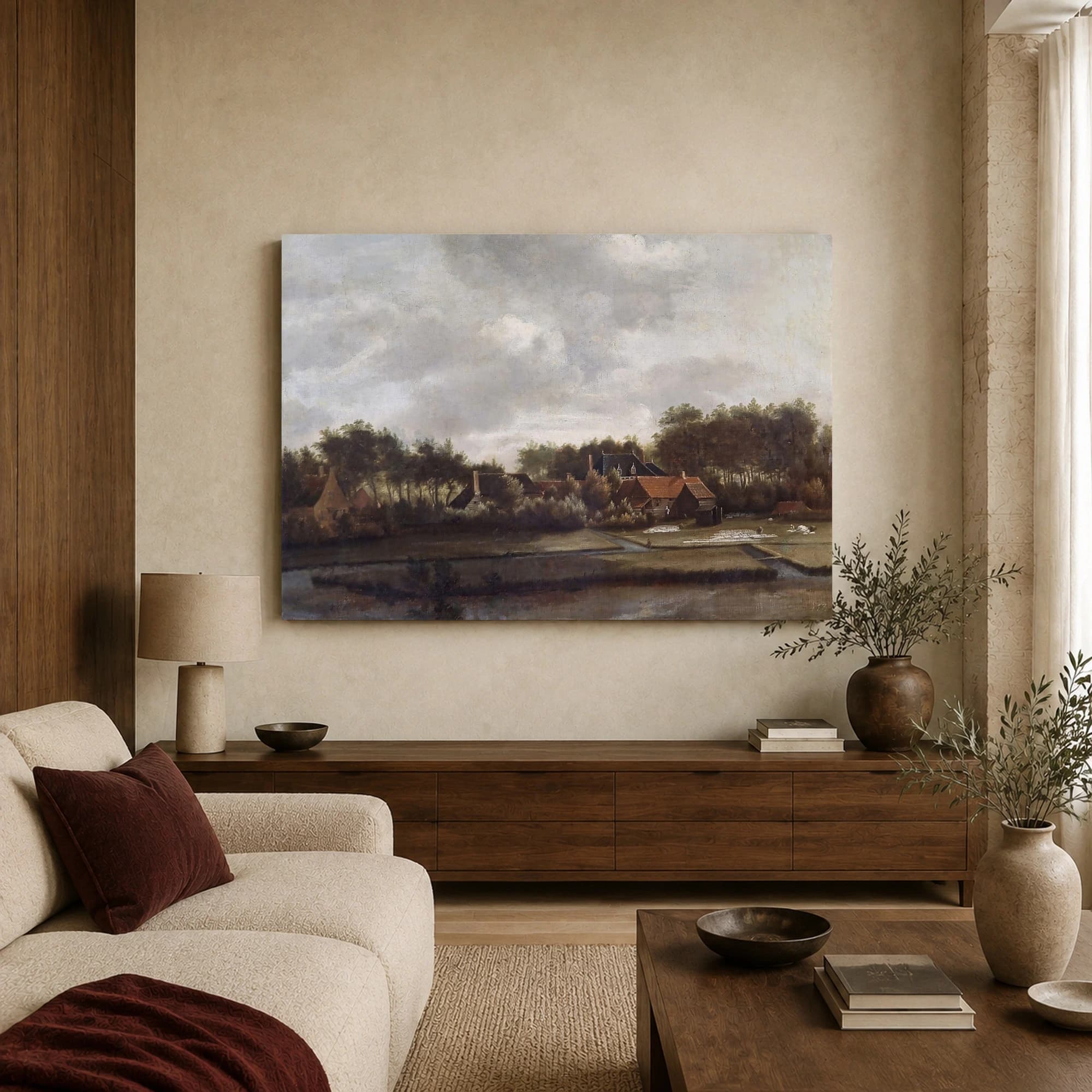 Classic Dutch Landscape Art Print with Cottages, view 3