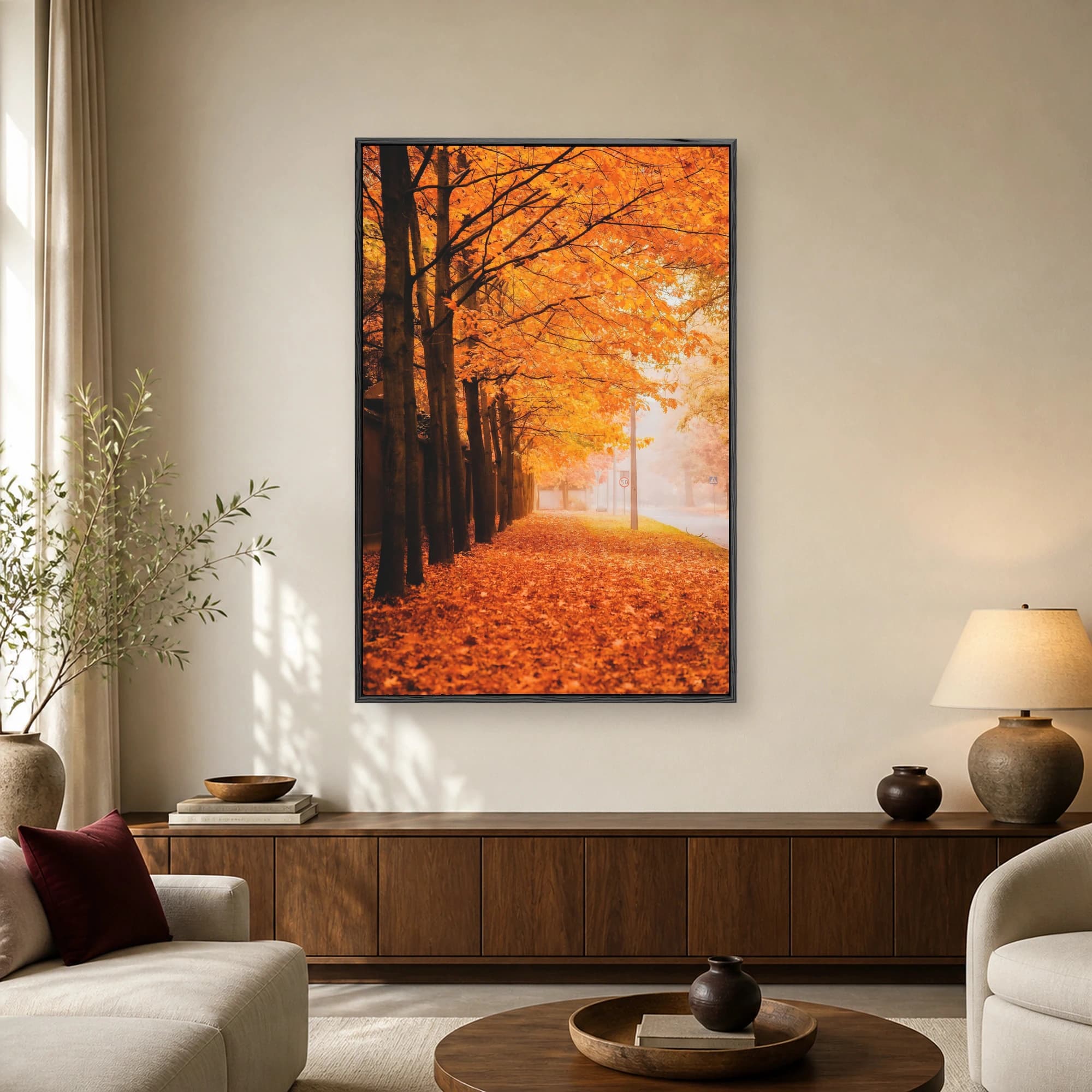 A serene autumn landscape showing a row of tall trees with vibrant orange leaves and a misty road covered in fallen leaves.