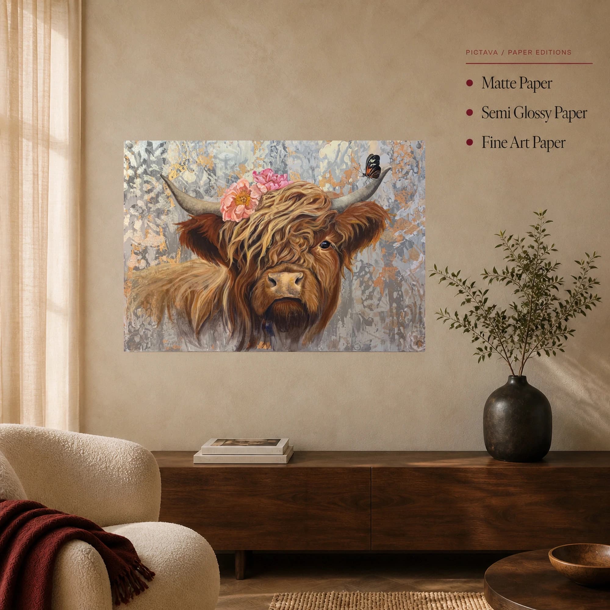 Highland Cow Canvas Print with Pink Peonies, view 5