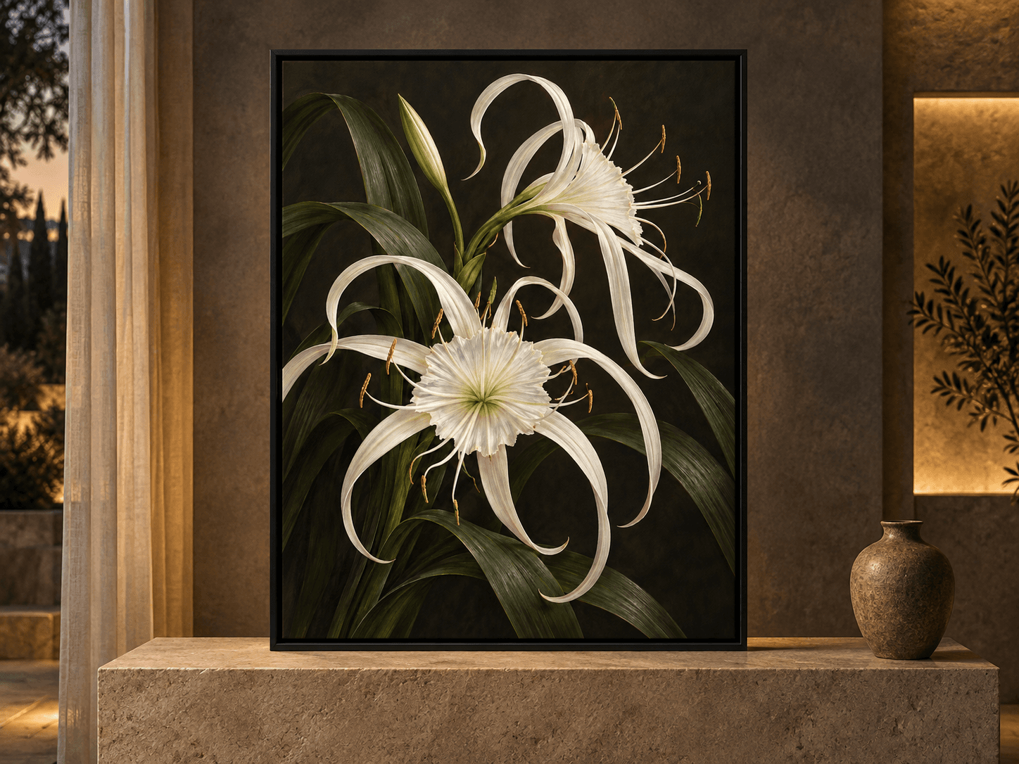 This ivory spider lily wall art captures a moody botanical scene. Ivory spider lily cups open into long curling tepals, with fine stamens above sweeping olive leaves.