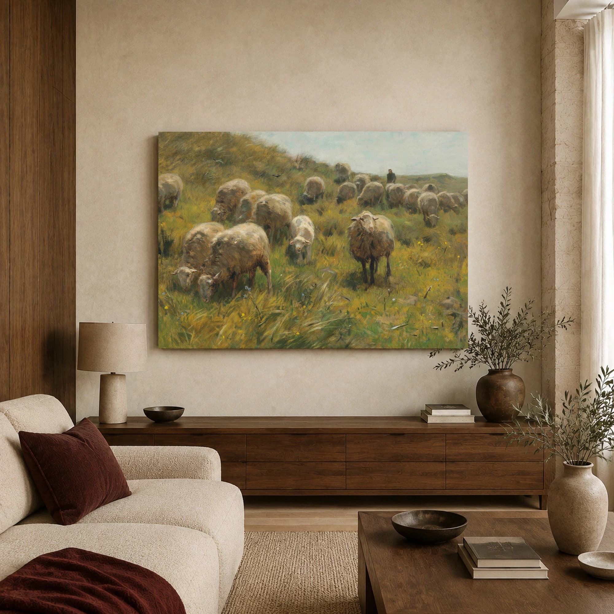 Sheep Grazing on a Hillside Pastoral Fine Art Print, view 3