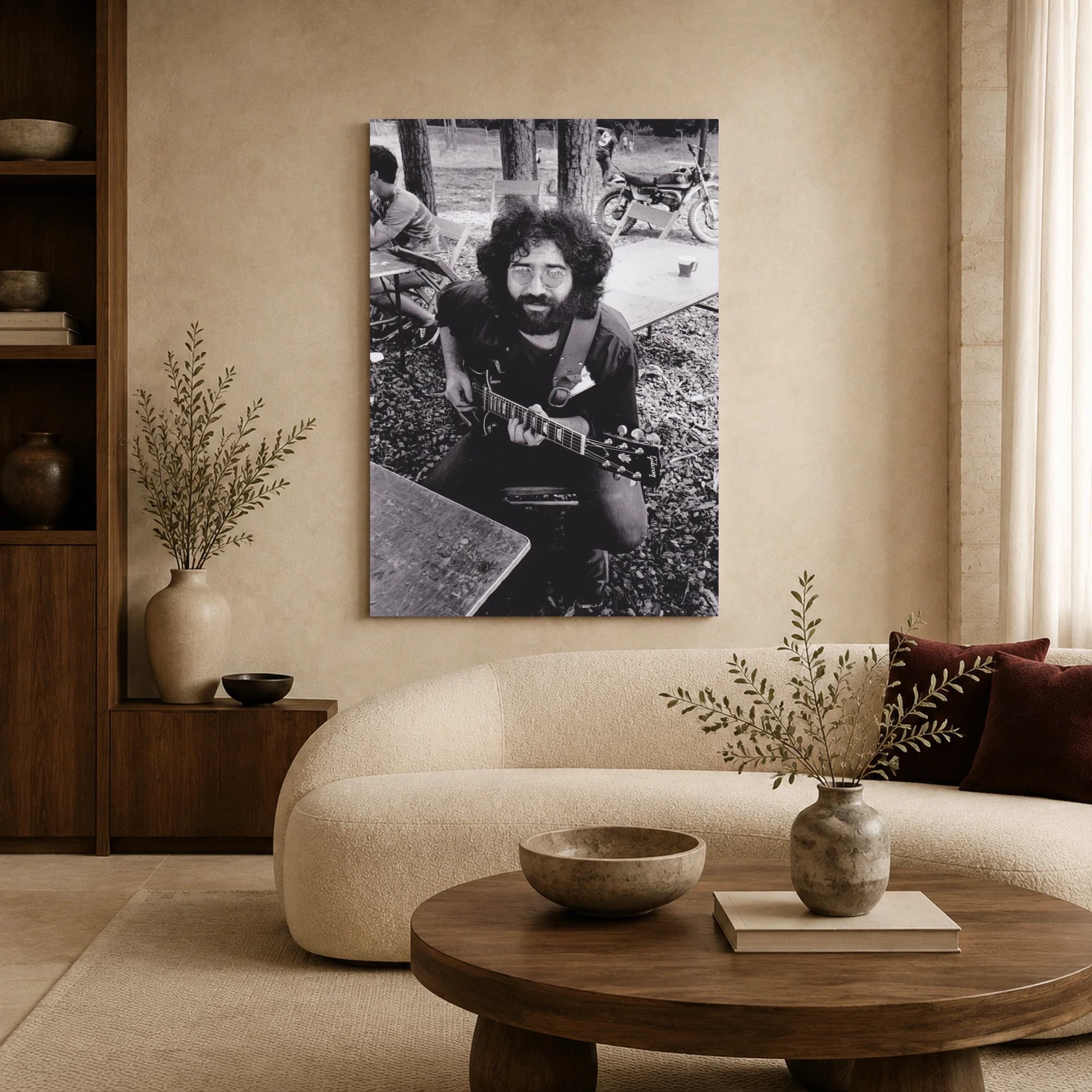 Jerry Garcia Playing Guitar Vintage Black and White Wall Art, view 3