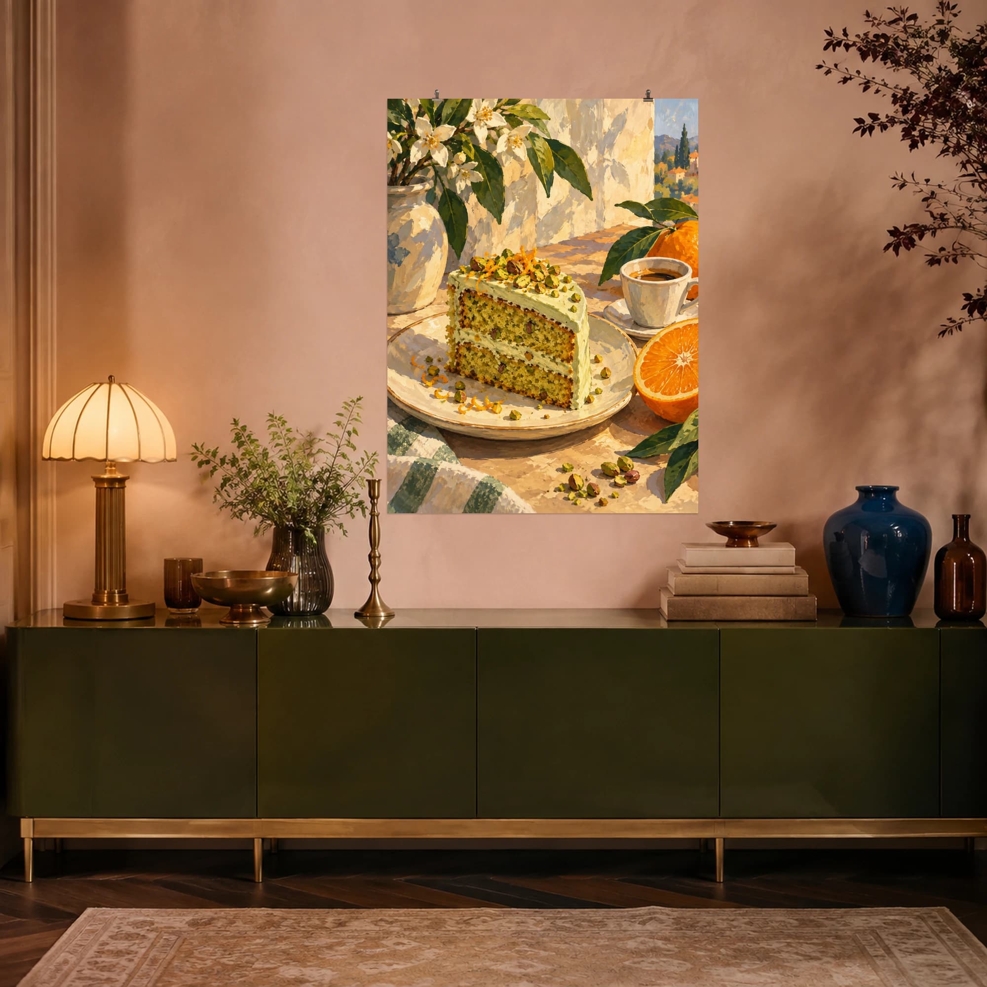 This gouache-style composition features a slice of pistachio orange cake with pale green icing on a cream plate beside a cut orange and a small espresso cup, warm morning light. Expressive brushwork and a balanced palette bring warmth and character to your space.