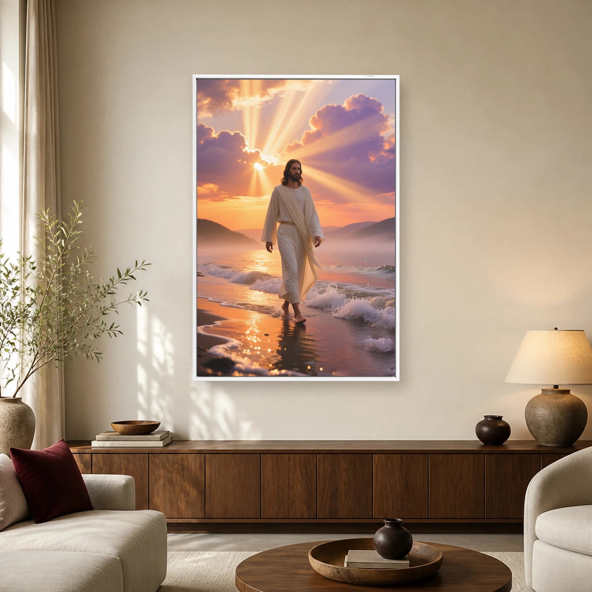 Jesus Walking on Water Sunrise Coastal Canvas Print, view 2