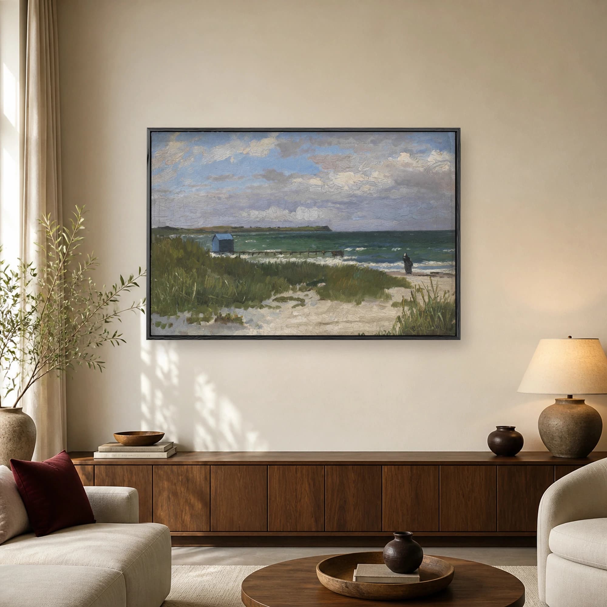 An impressionist oil painting of a sandy beach with dune grass, a small blue wooden beach hut, a dark figure near crashing green ocean waves, and a cloudy sky.