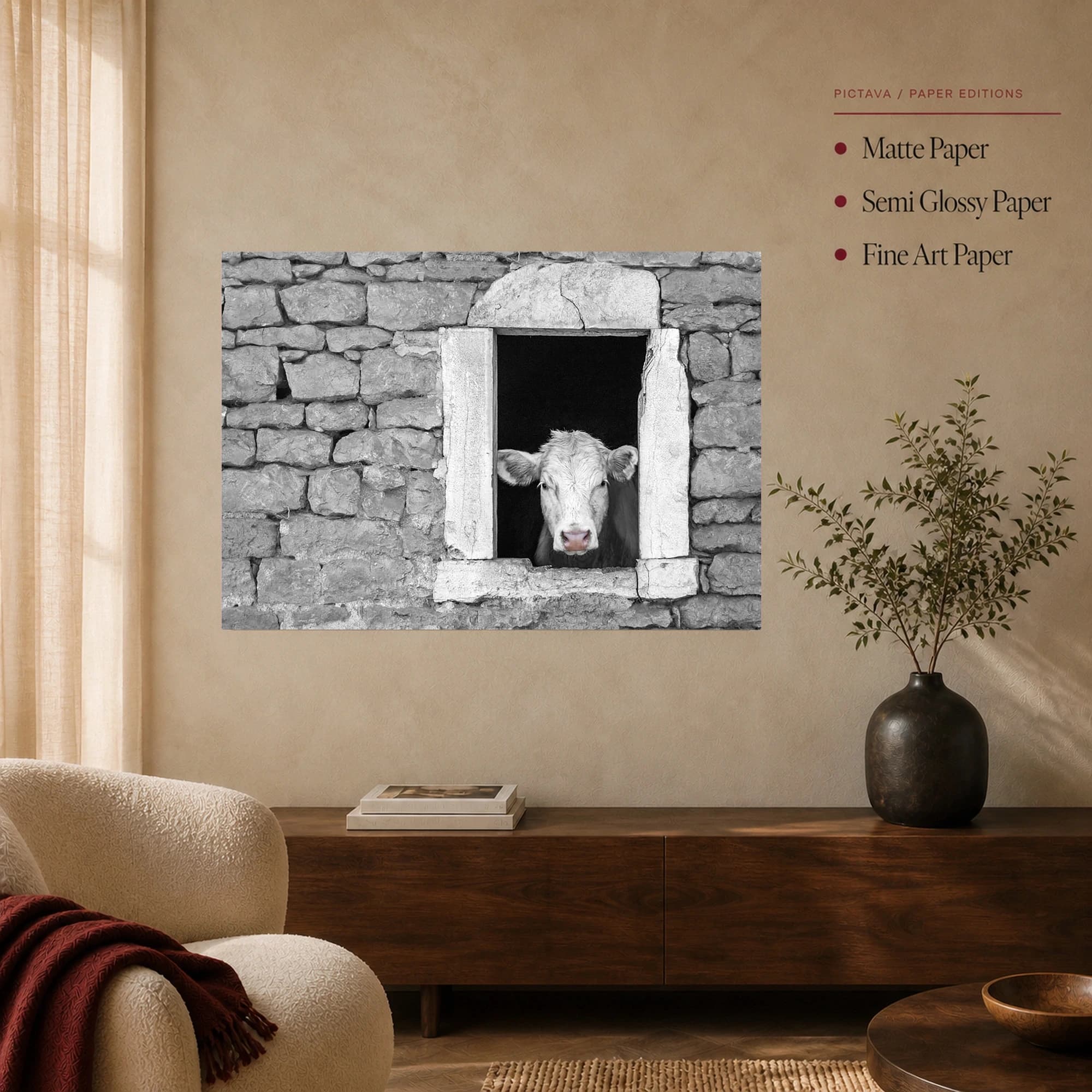 Curious Cow in Stone Window Black and White Farmhouse Wall Art, view 5