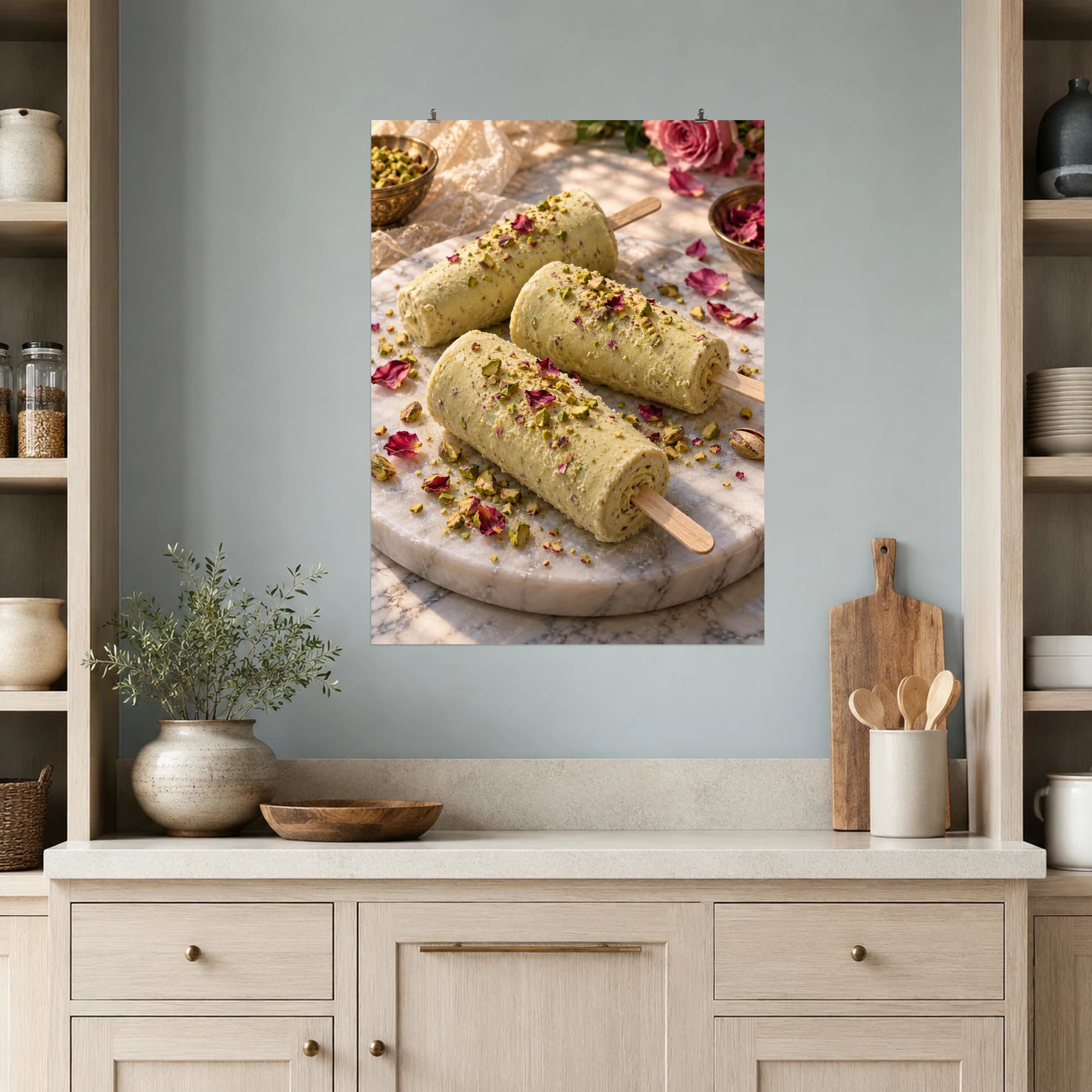 Pistachio kulfi and scattered rose petals create an elegant summer dessert still life.