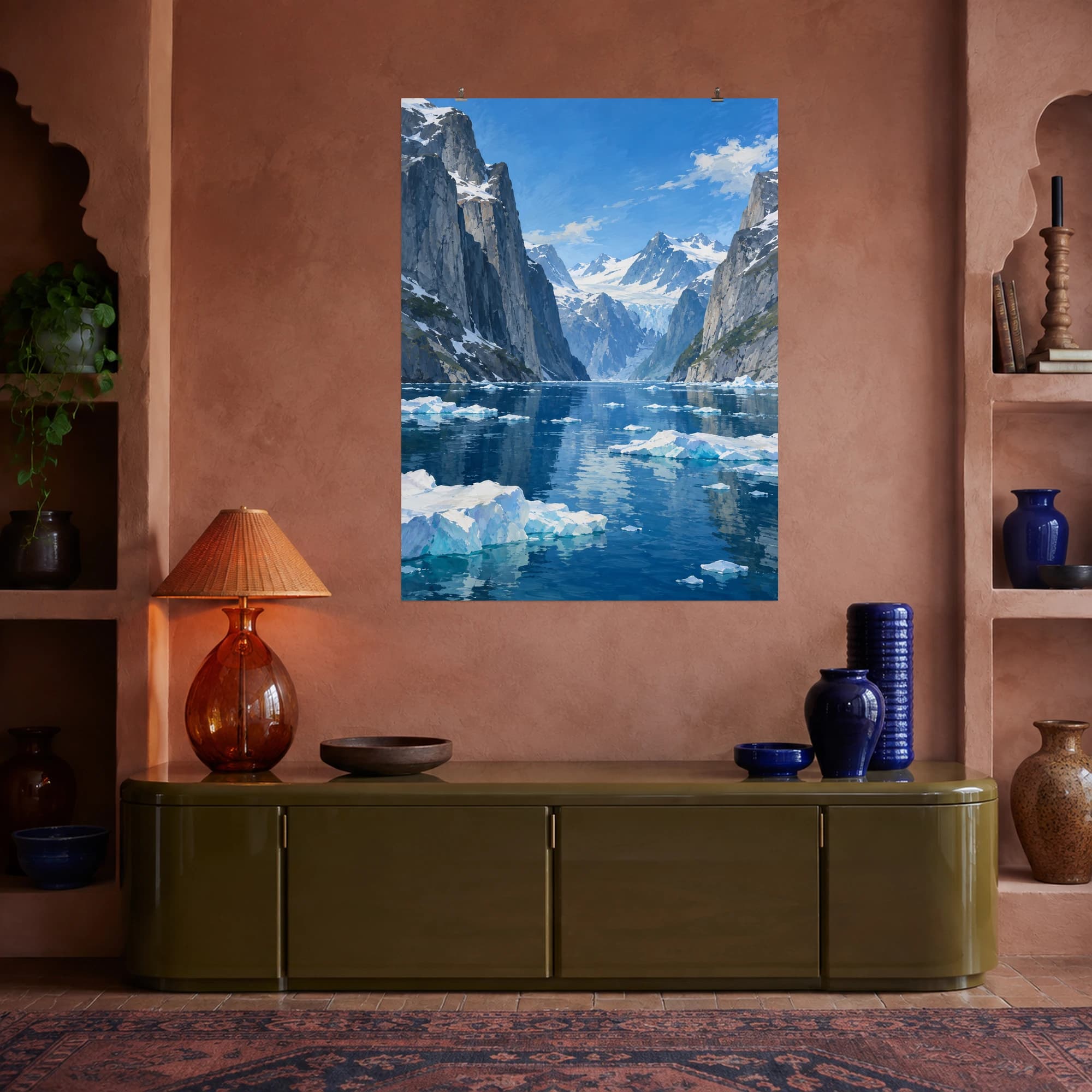This gouache-style composition features a narrow blue fjord with floating ice and steep grey cliffs beneath a clear arctic sky. Expressive brushwork and carefully balanced color bring a distinctive focal point to your wall.