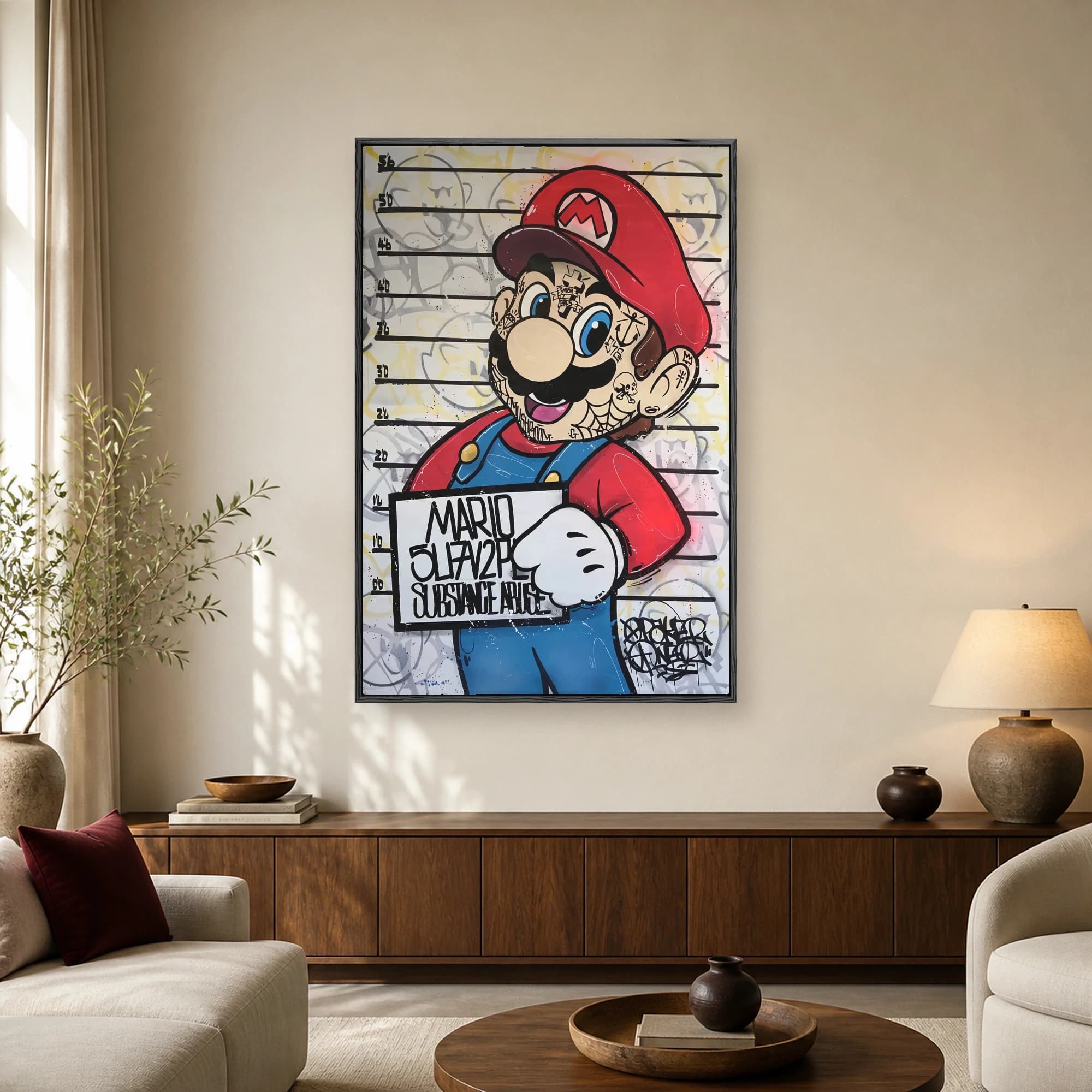 Pop art illustration of Mario in a police mugshot lineup with facial tattoos and a booking sign, set against a height chart background.
