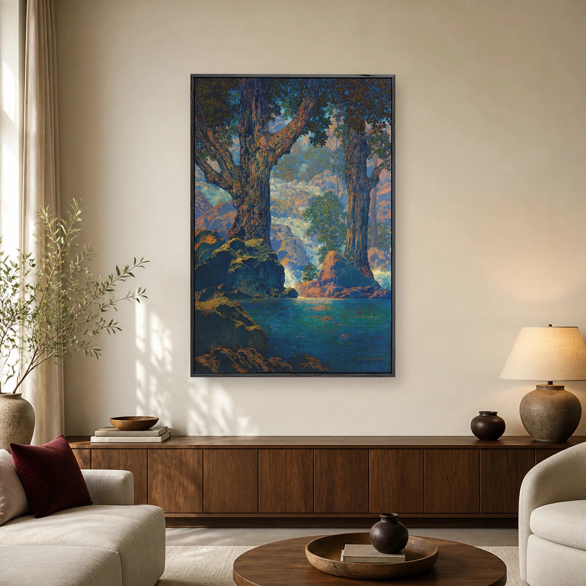 Maxfield Parrish landscape painting depicting towering trees framing a waterfall and reflective blue pool with golden sunlight.