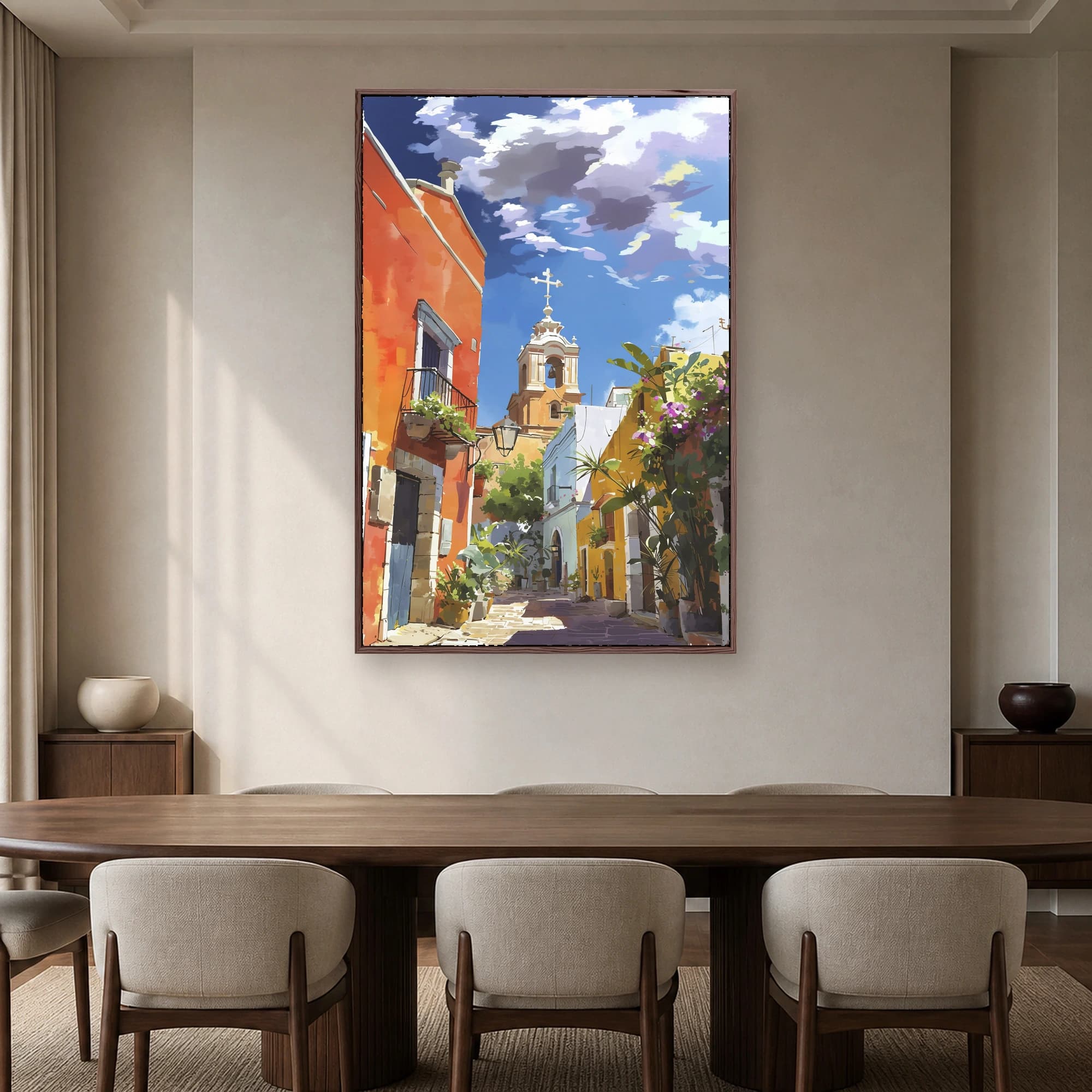 Sunlit Mediterranean Village Street Canvas Print, view 3