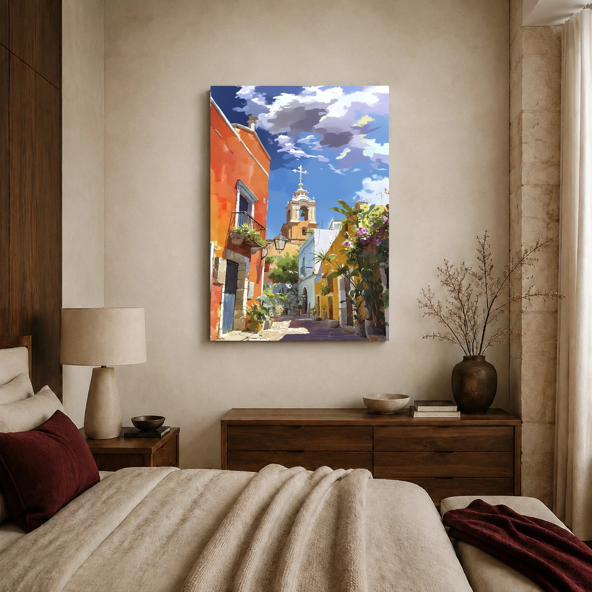 Sunlit Mediterranean Village Street Canvas Print, view 5
