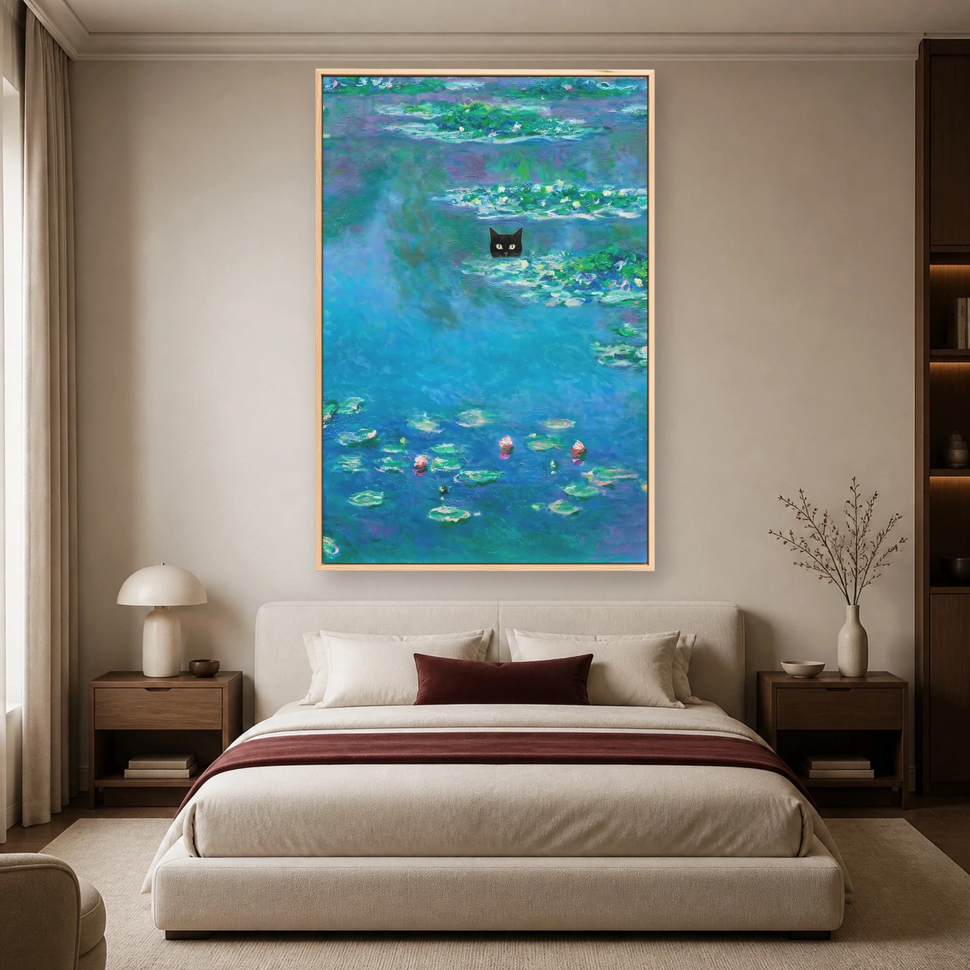 Black Cat Water Lilies Impressionist Canvas Print, view 5