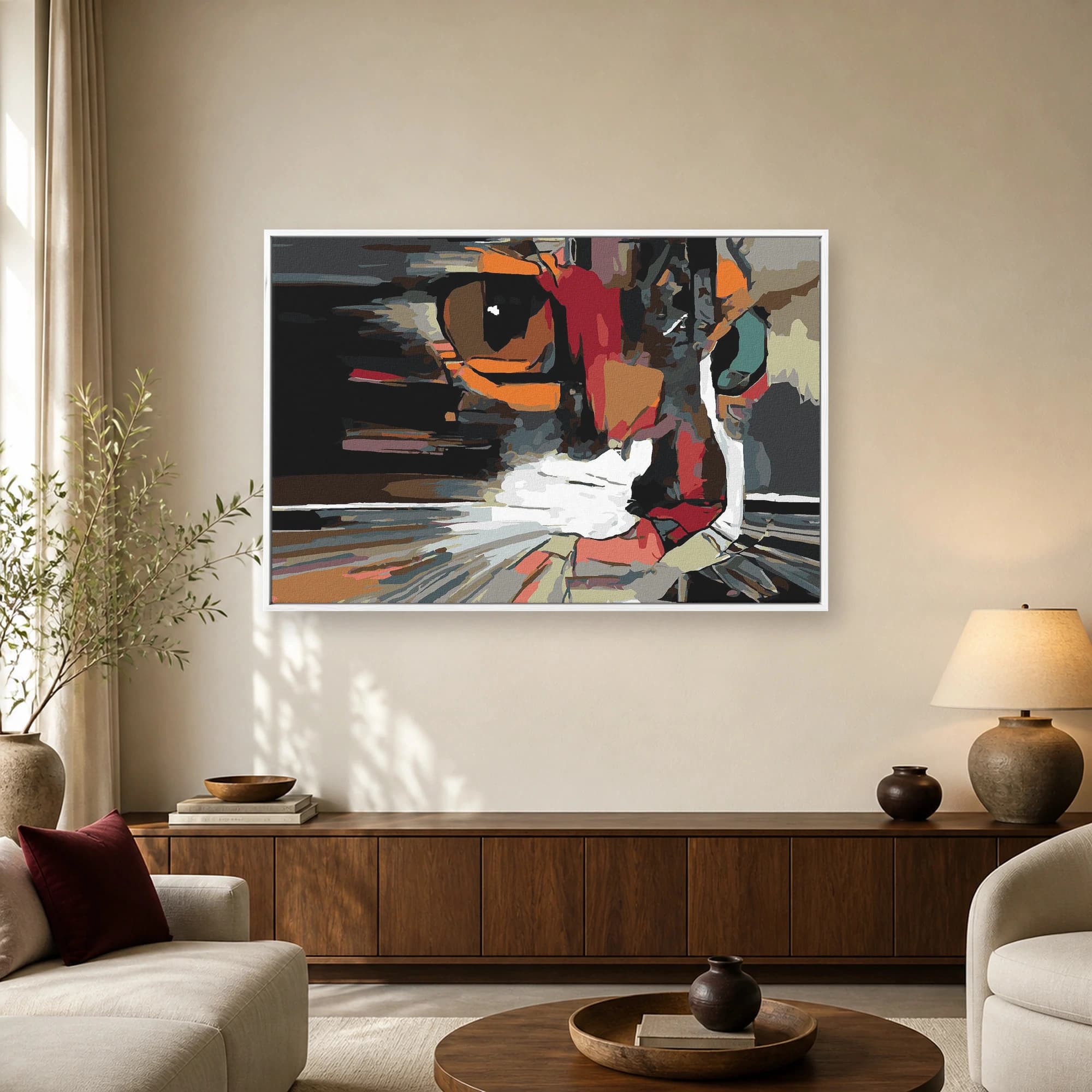 Abstract pop art painting of a racing driver with a helmet and visor, featuring bold red, black, and orange color blocks against a dark background with motion blur lines.