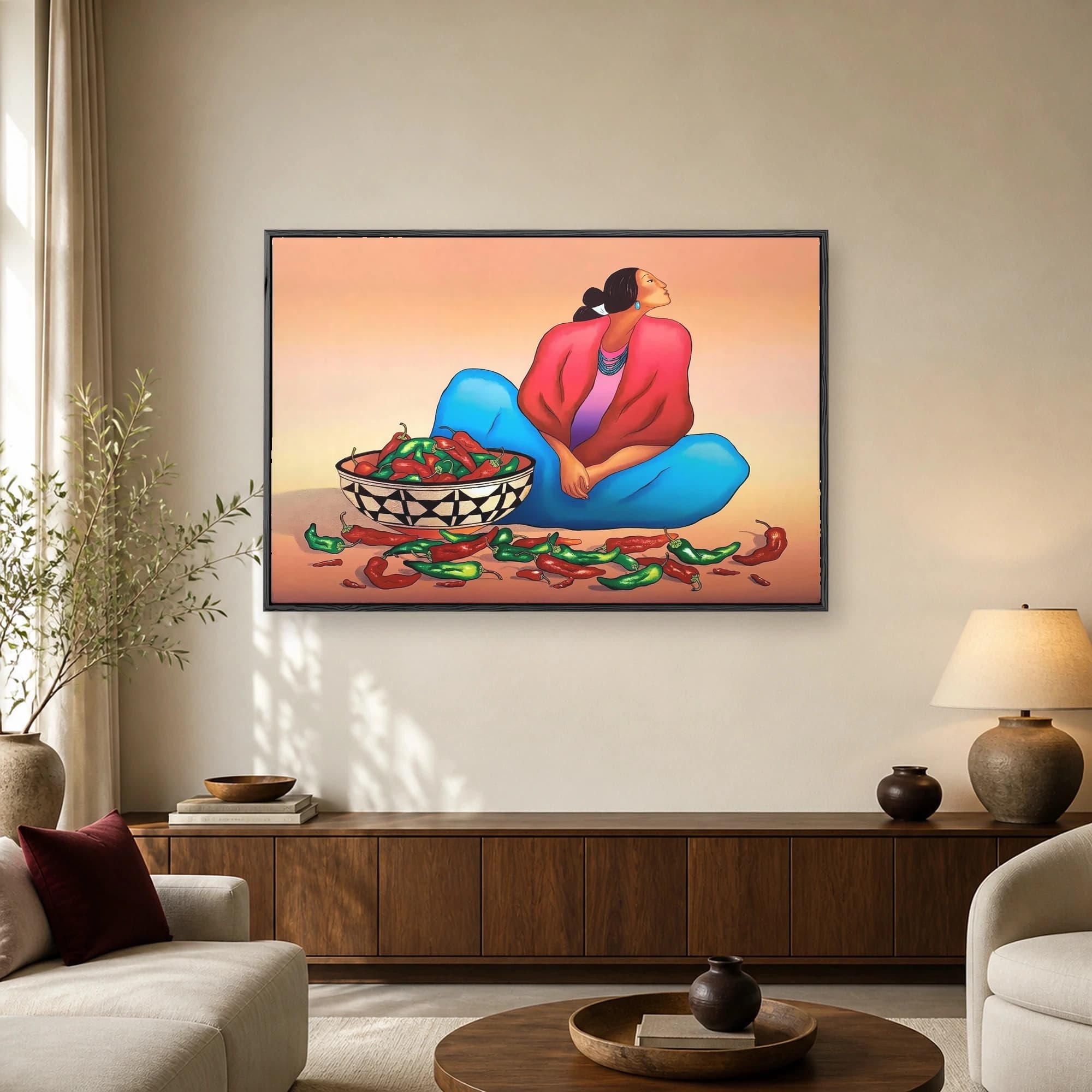 A colorful folk art illustration of a Native American woman in a blue skirt and red shawl sitting beside a patterned bowl of red and green chili peppers.