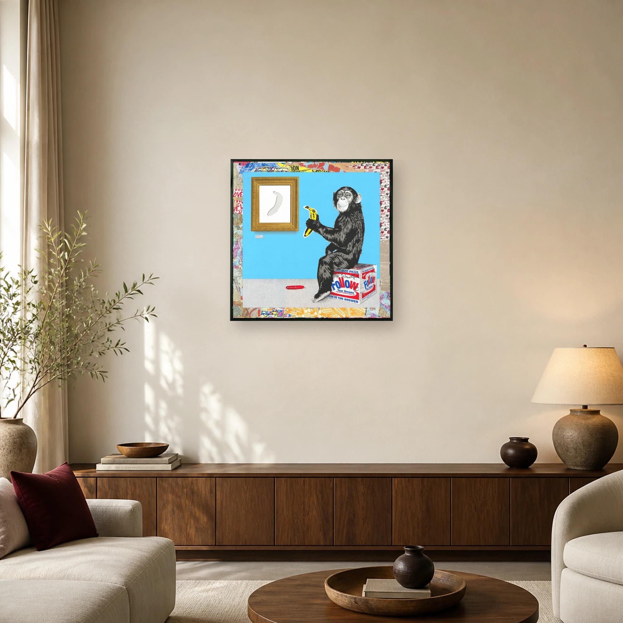 Pop art print of a black and white chimpanzee sitting on a branded red and white package holding a yellow banana against a bright blue wall with a framed picture