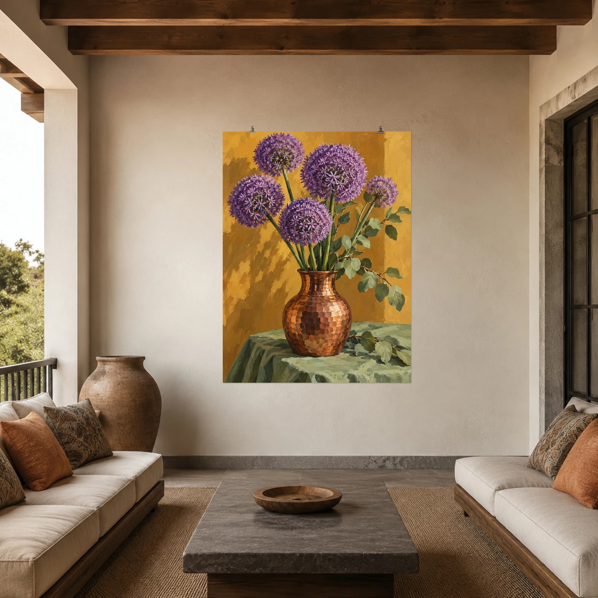 This gouache-style composition features tall purple allium globes in a hammered copper vase against an ochre wall and sage tablecloth. Expressive brushwork and carefully balanced color bring a distinctive focal point to your wall.