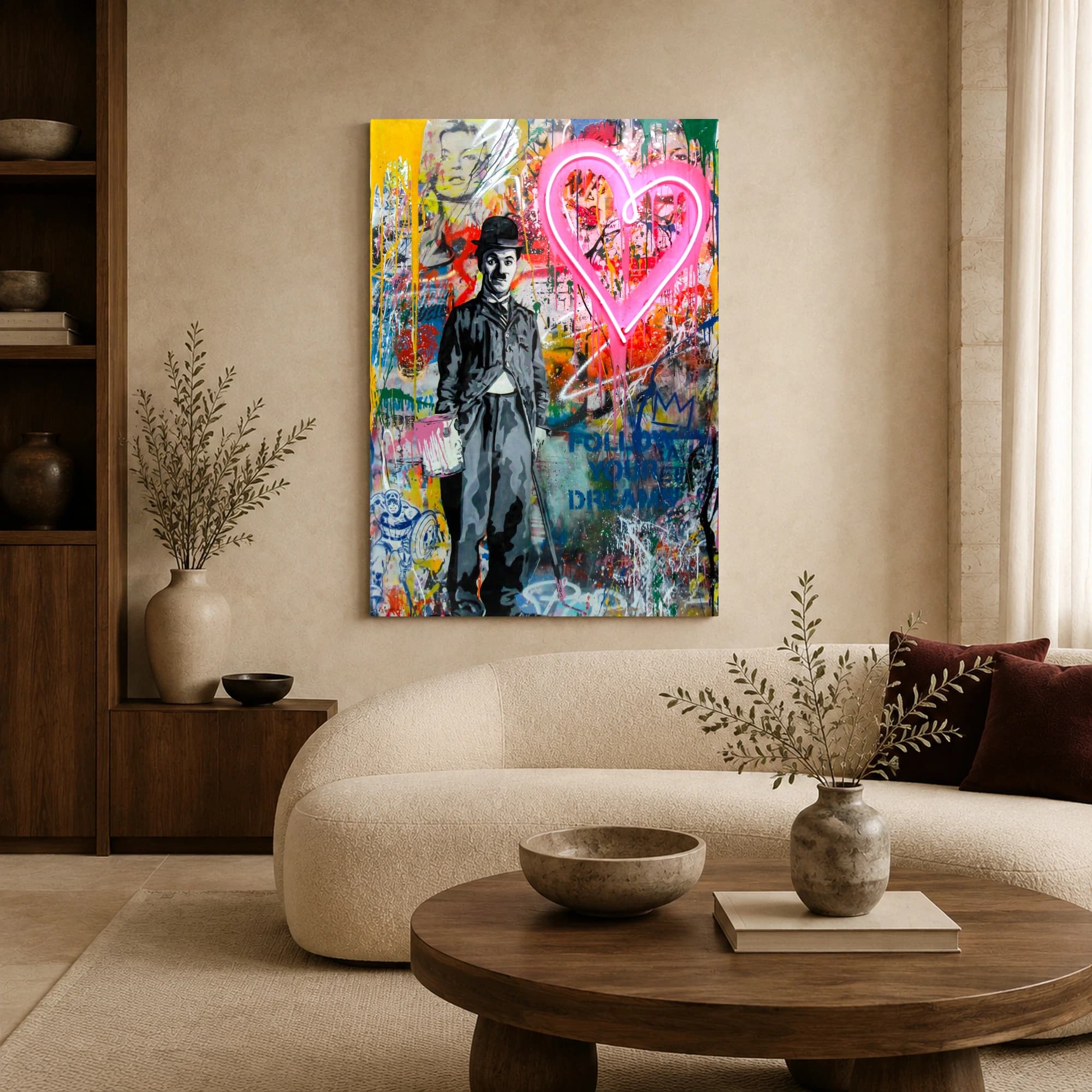 Charlie Chaplin Neon Heart Street Art Canvas Print, view 4
