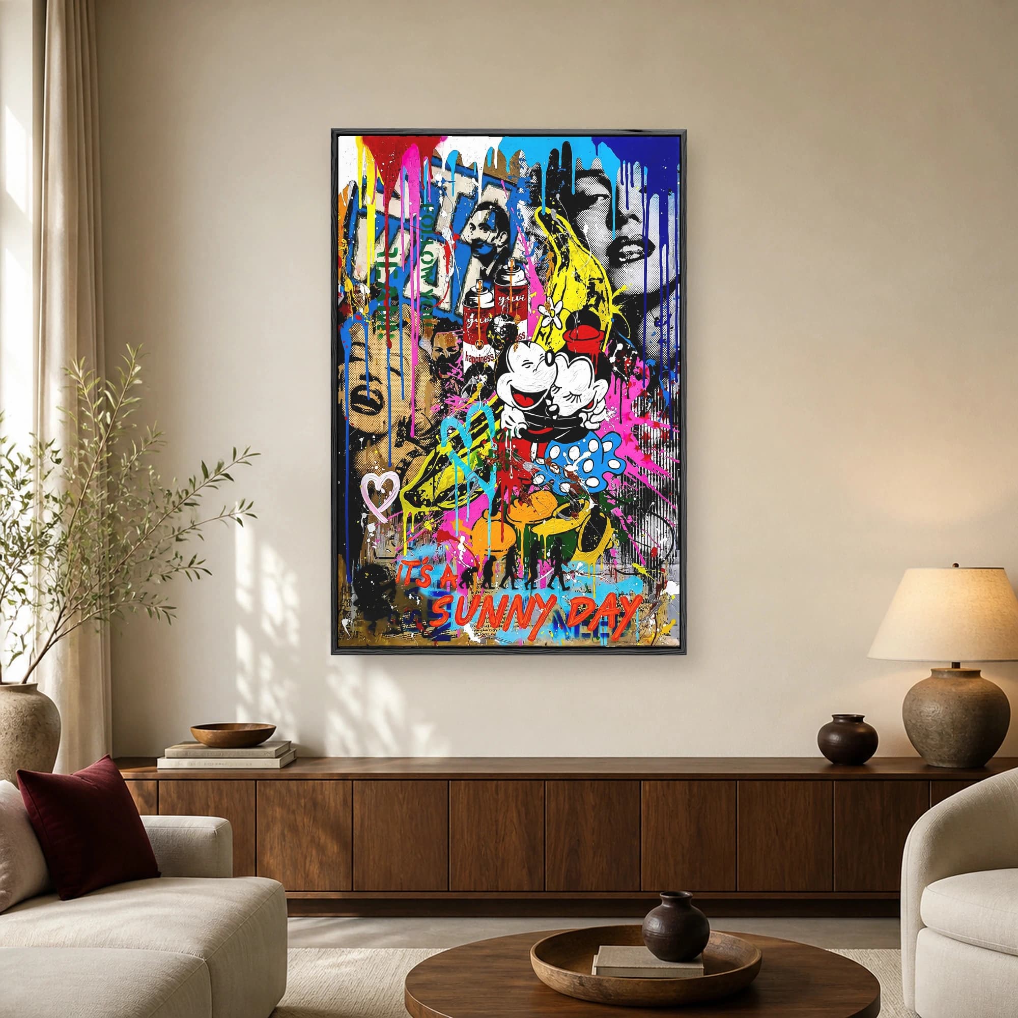 A vibrant pop art graffiti collage featuring Mickey and Minnie Mouse, halftone portraits, soup cans, and bright neon paint drips in blue, yellow, and pink.