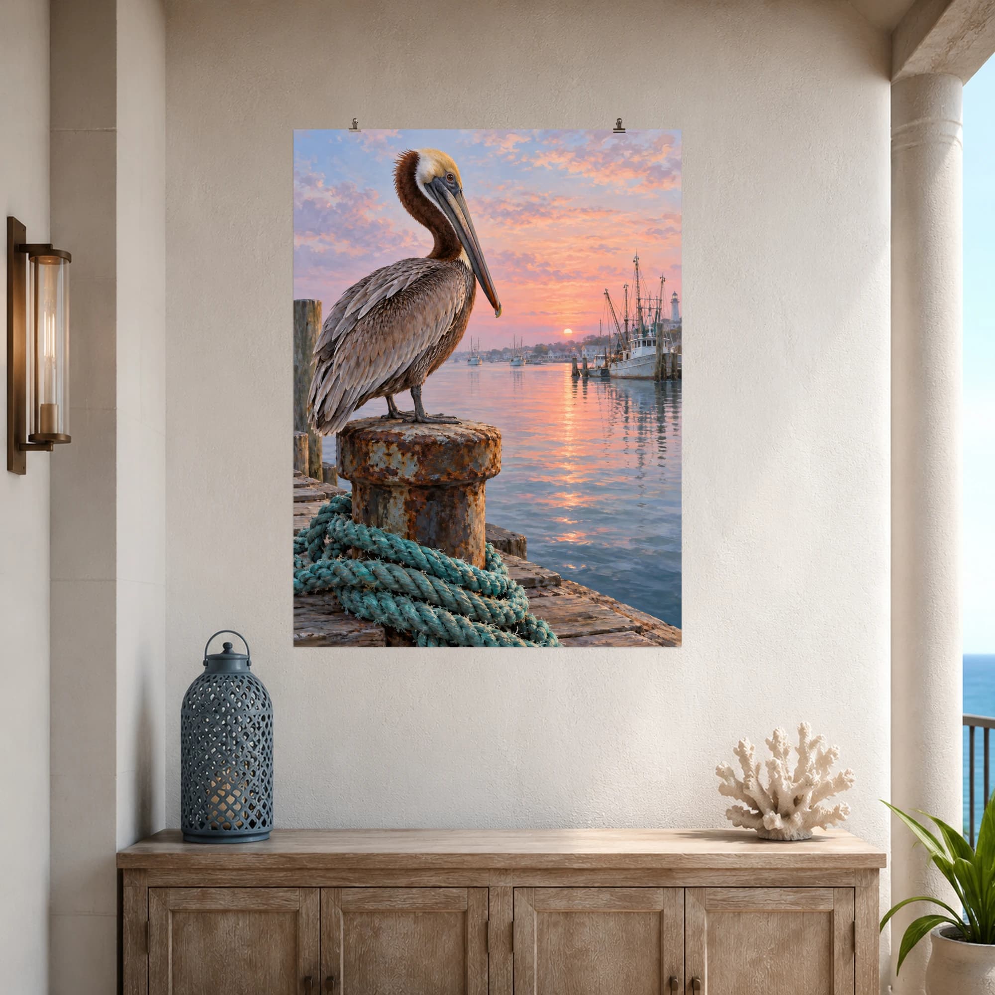 A brown pelican overlooks a quiet fishing harbor beside weathered mooring ropes at sunrise.