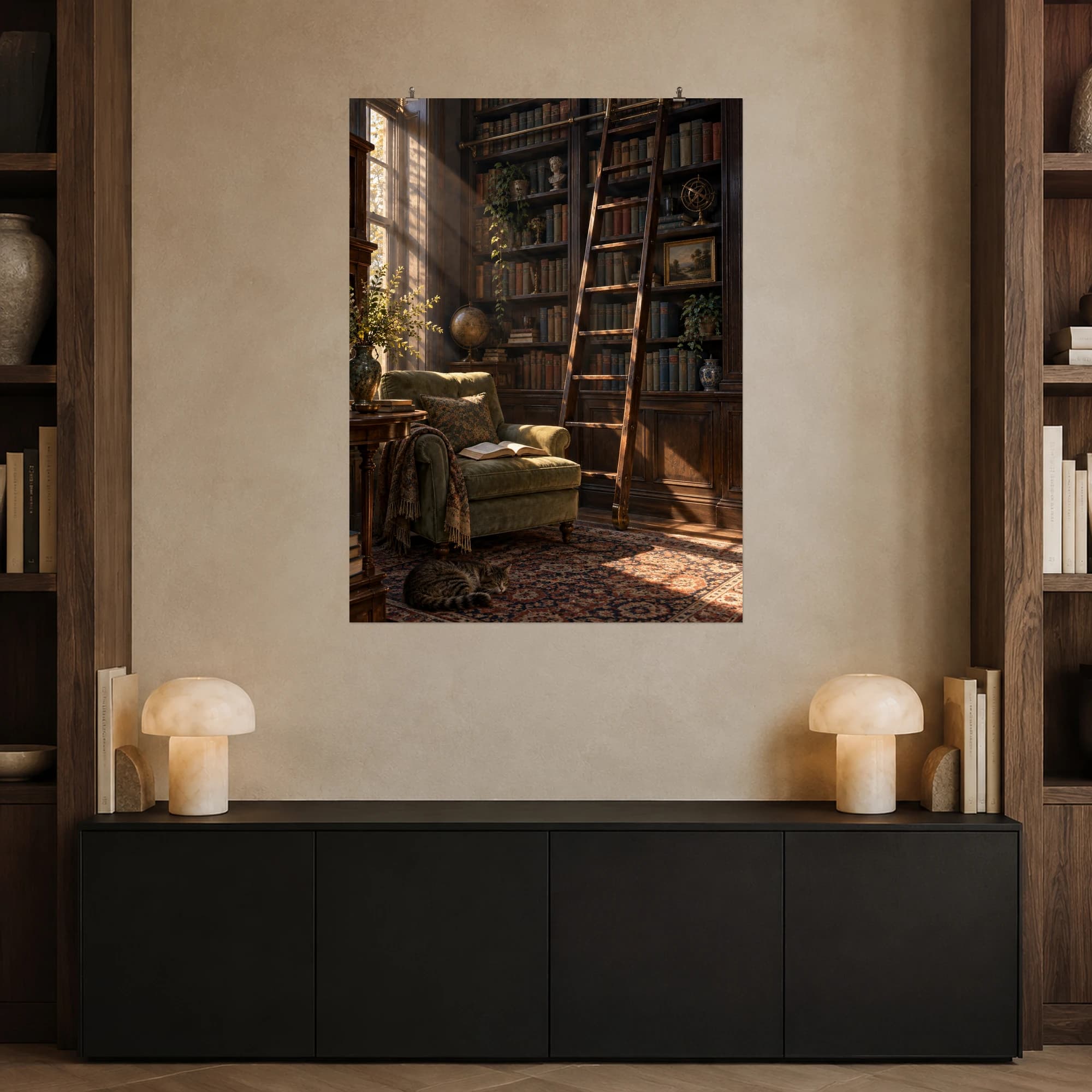 A rolling ladder and open book invite a quiet pause in a sunlit library filled with clothbound volumes.