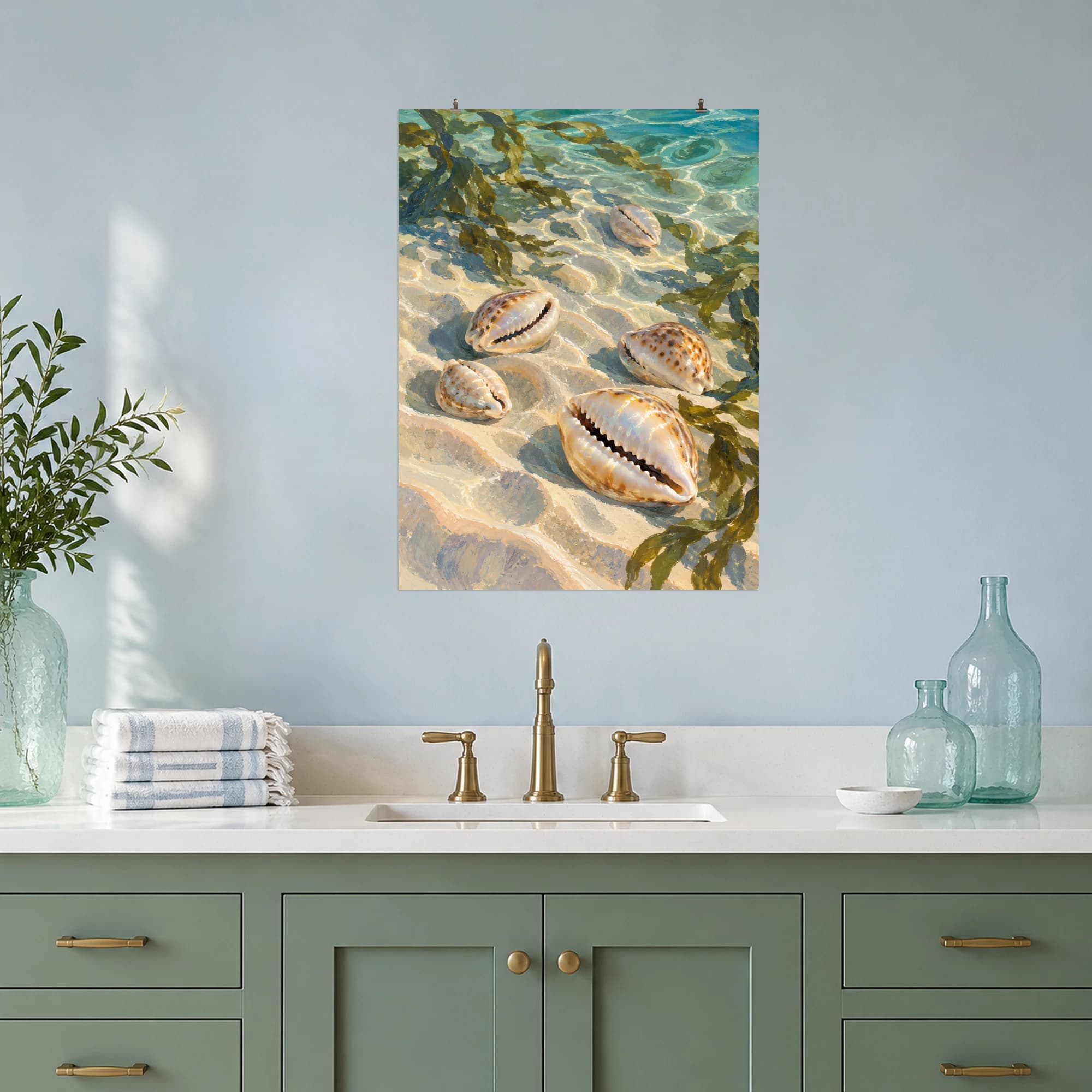 This gouache-style composition features several polished cowrie shells nestled in rippled pale sand with soft seaweed shadows beneath shallow clear seawater, warm pearl and aqua palette. Expressive brushwork and a balanced palette bring warmth and character to your space.