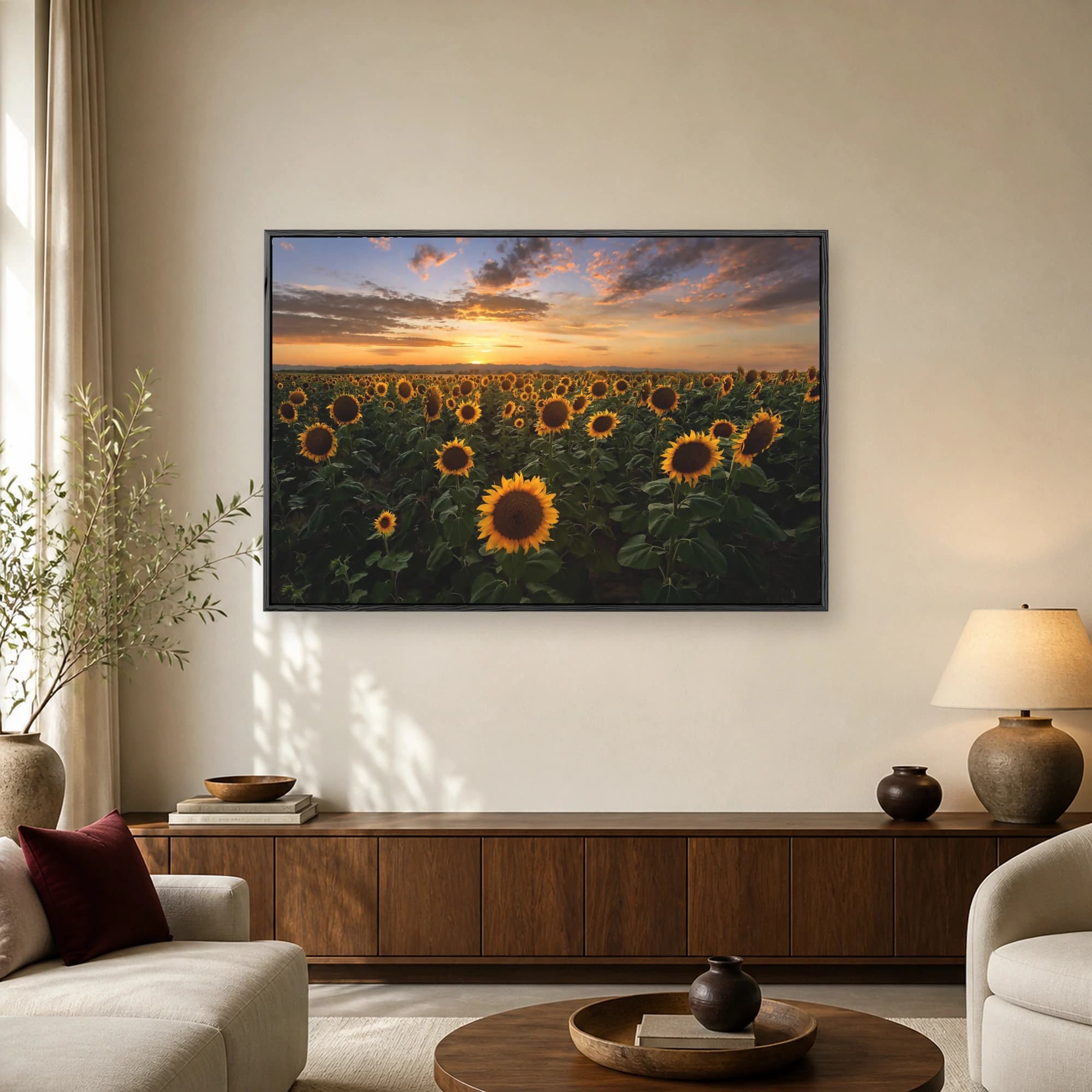 A vast field of blooming sunflowers under a dramatic golden sunset sky with distant hills.