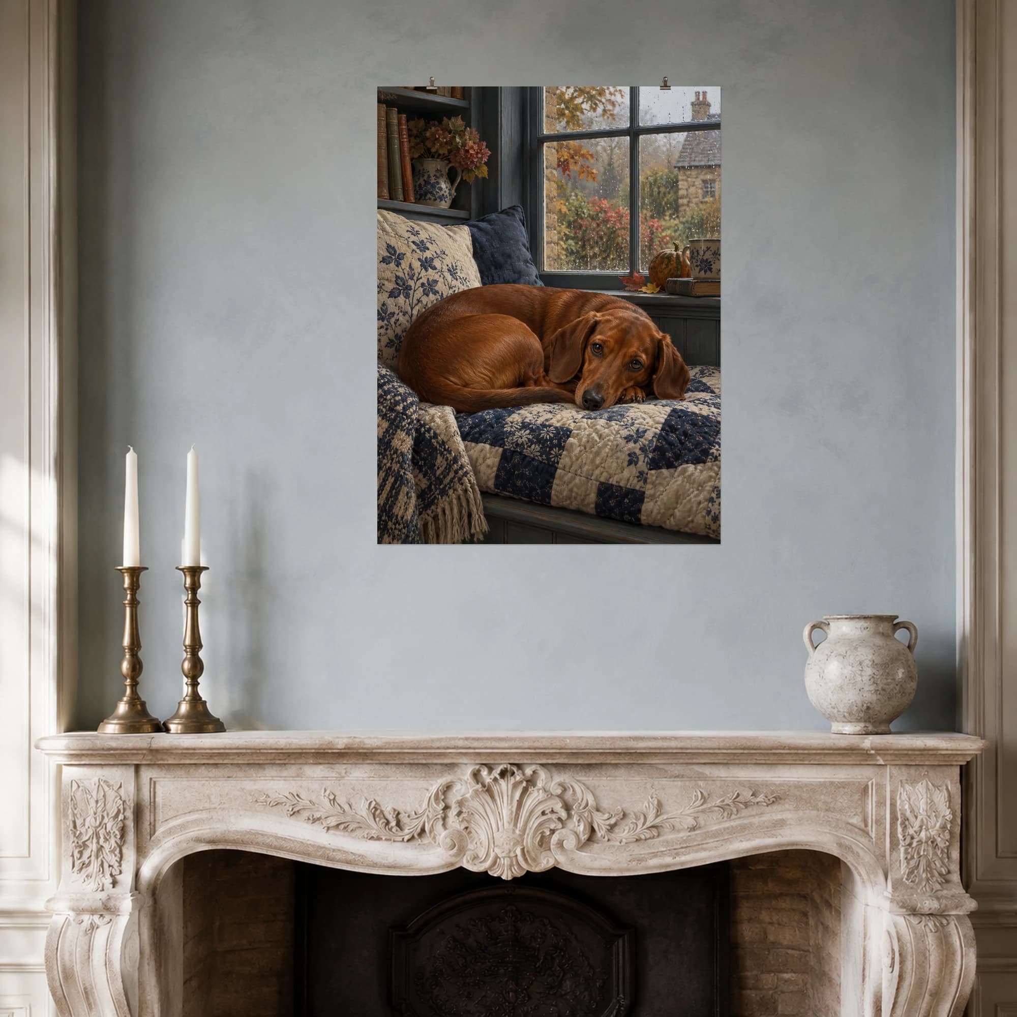 A chestnut dachshund curls on an indigo patchwork quilt beside a rainy cottage window.