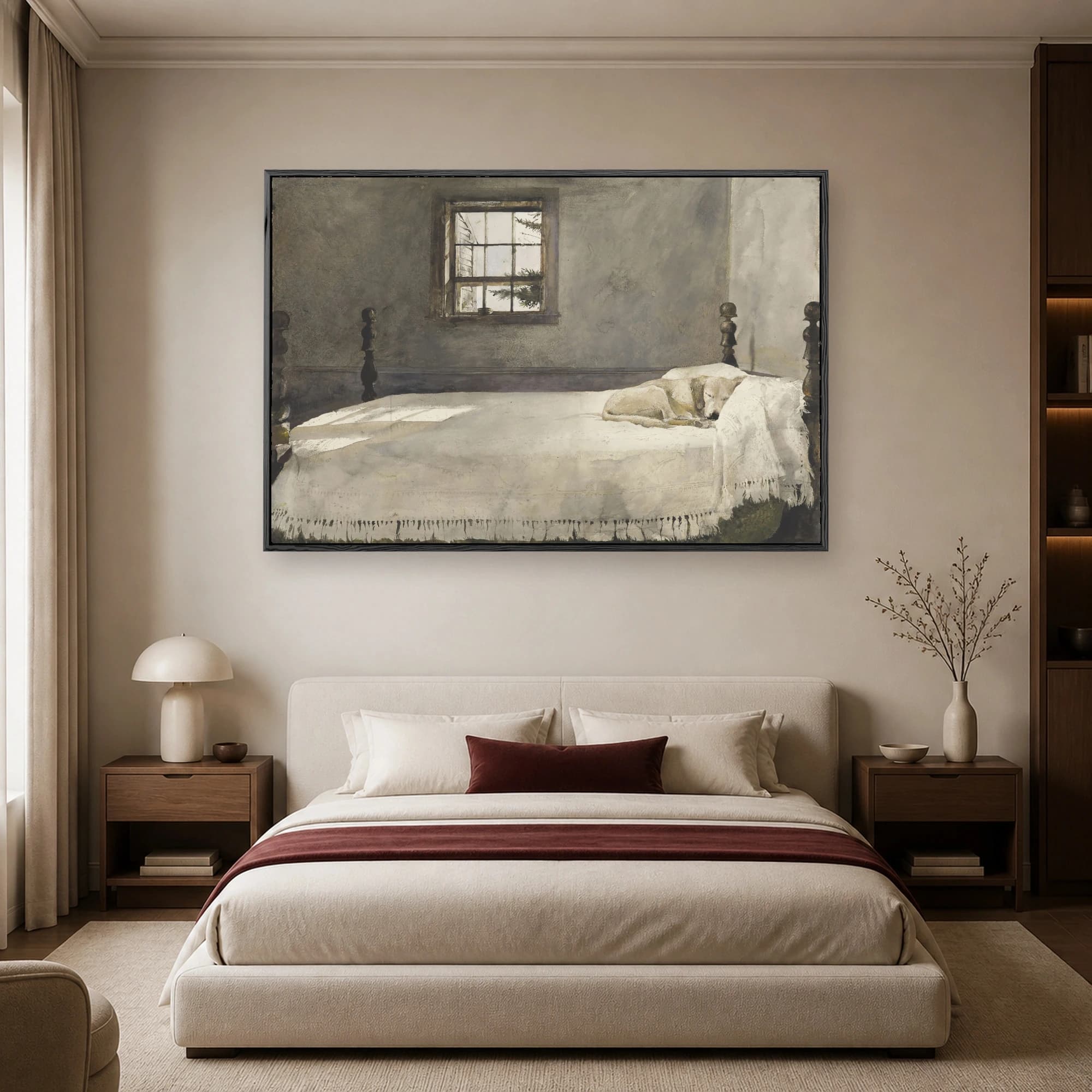 Watercolor painting of a dog sleeping peacefully on a white quilted bed next to a rustic window with morning light streaming across the wall