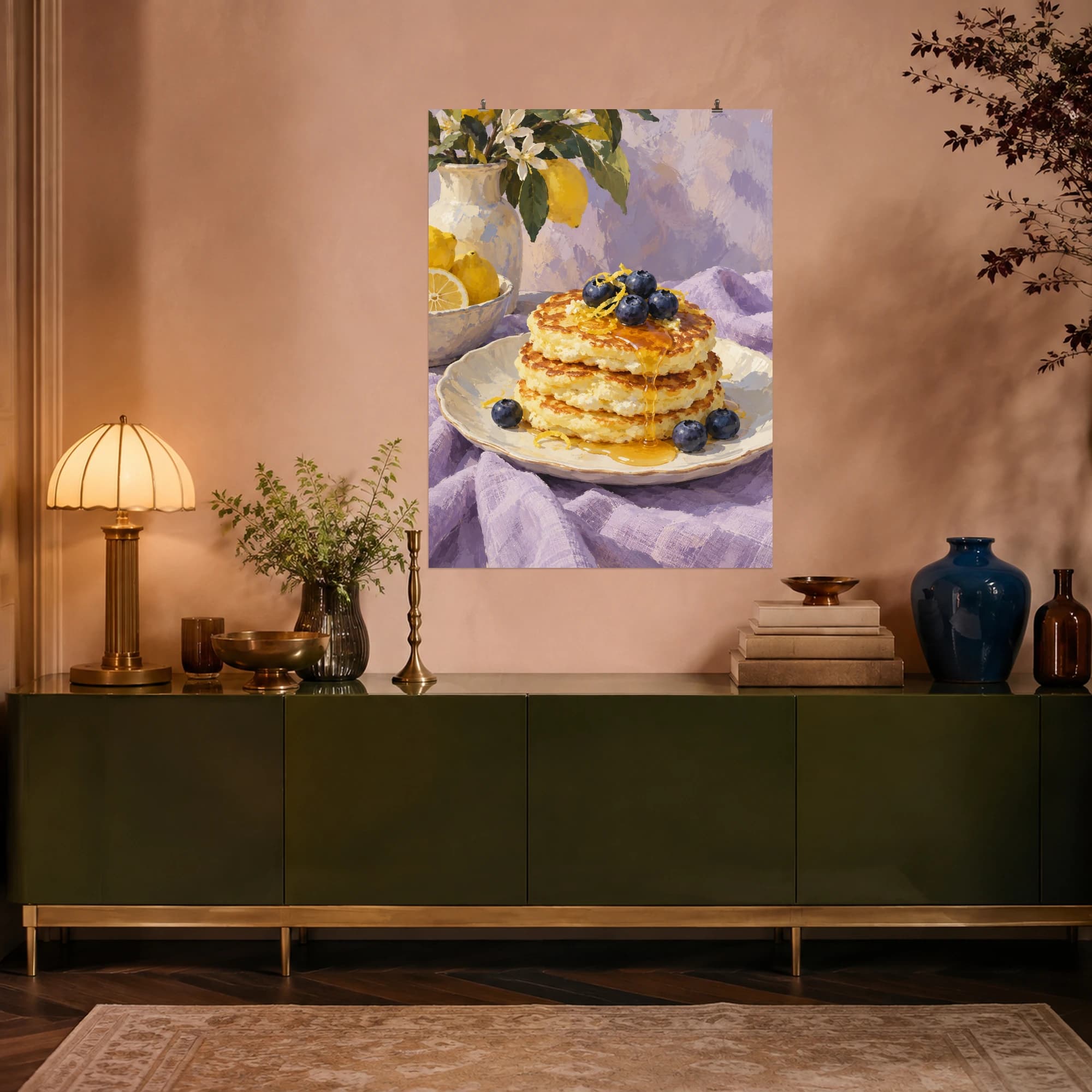 This gouache-style composition features a modest stack of lemon ricotta pancakes topped with a few blueberries and a ribbon of honey, ivory plate and pale lavender linen. Expressive brushwork and a balanced palette bring warmth and character to your space.