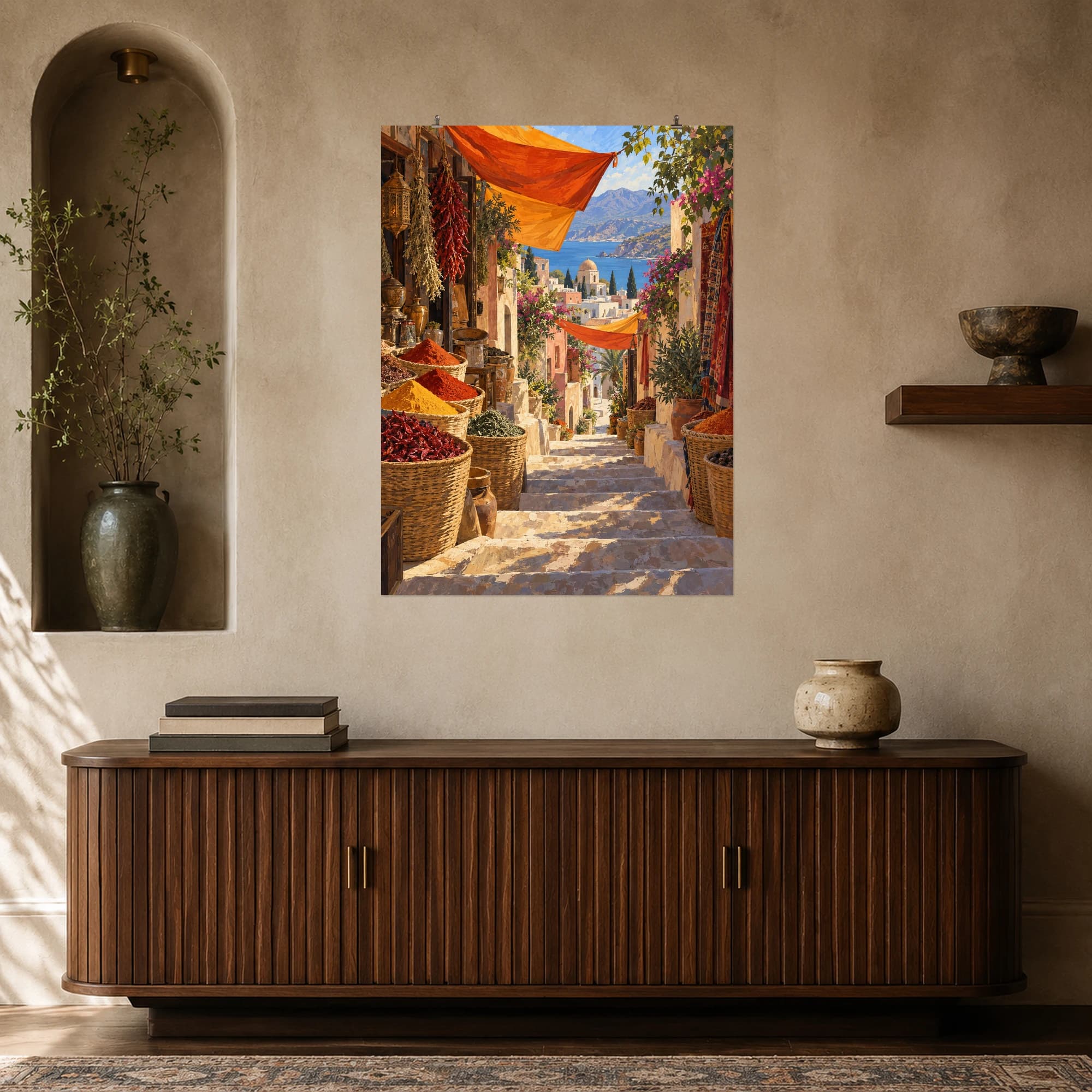 This gouache-style composition features a sunlit stairway through a hillside spice market with saffron awnings and baskets but no people or lettering. Expressive brushwork and a balanced palette bring warmth and character to your space.