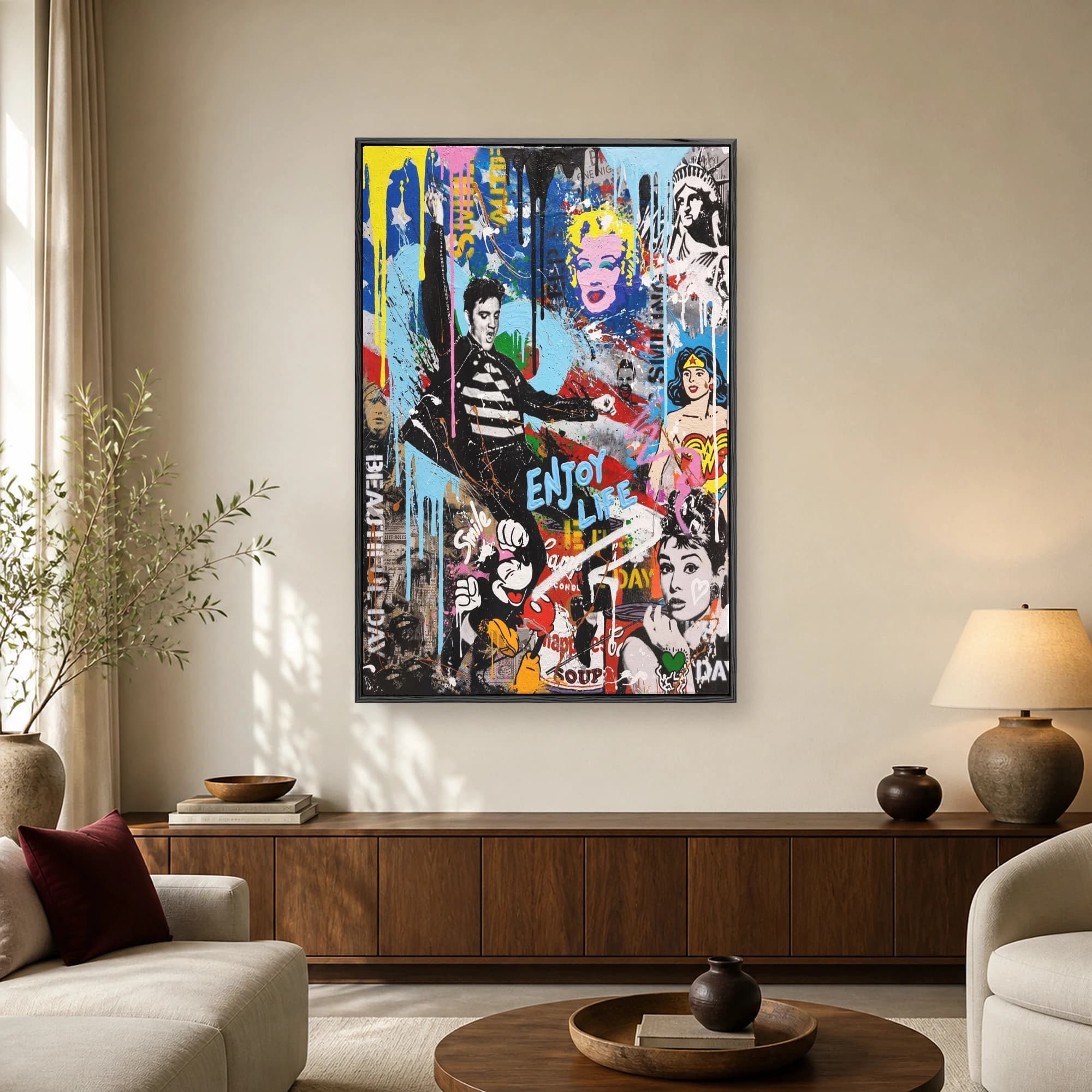 A vibrant pop art and graffiti canvas featuring iconic figures Elvis Presley, Marilyn Monroe, Wonder Woman, Audrey Hepburn, and Mickey Mouse with colorful paint drips.
