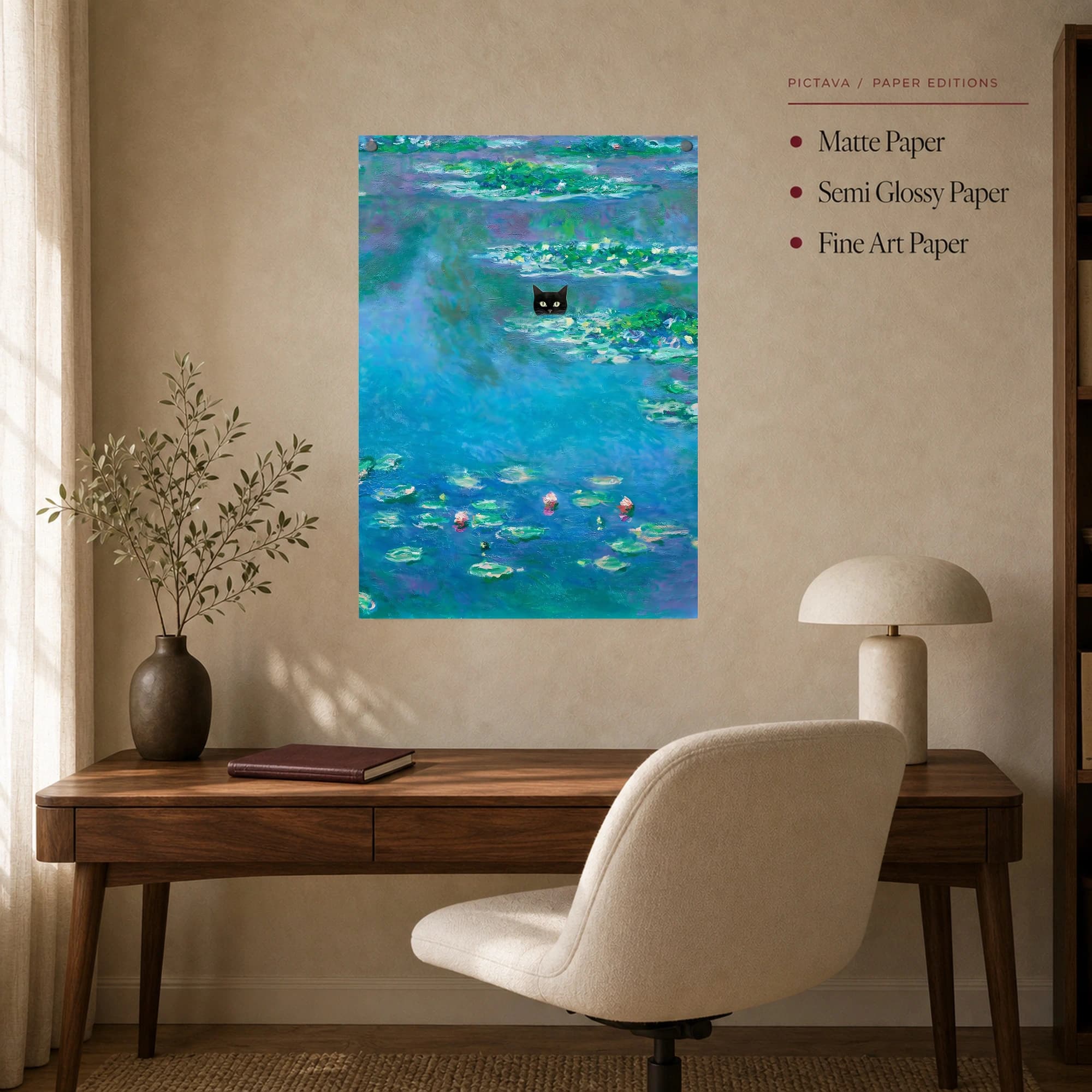 Black Cat Water Lilies Impressionist Canvas Print, view 7