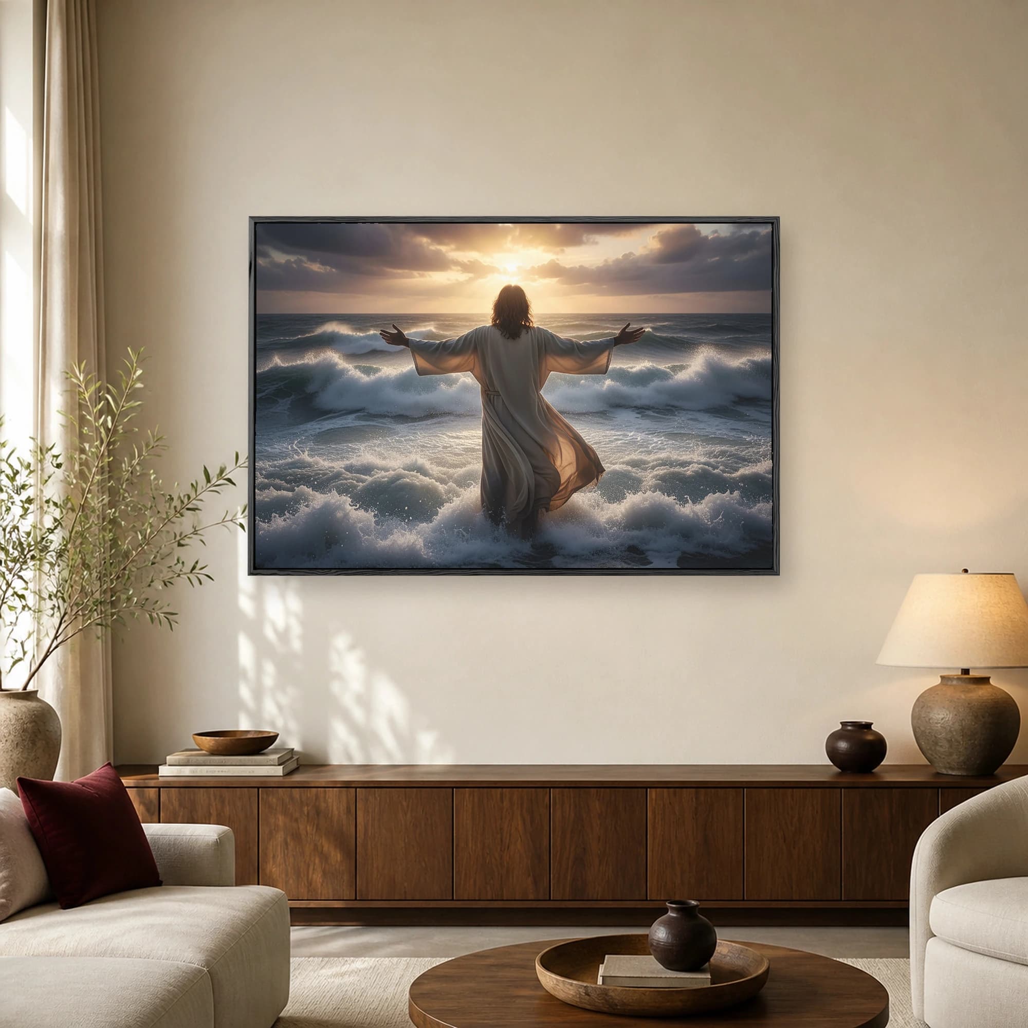 A robed figure with outstretched arms stands in turbulent ocean waves under a golden sunset sky with dramatic clouds.