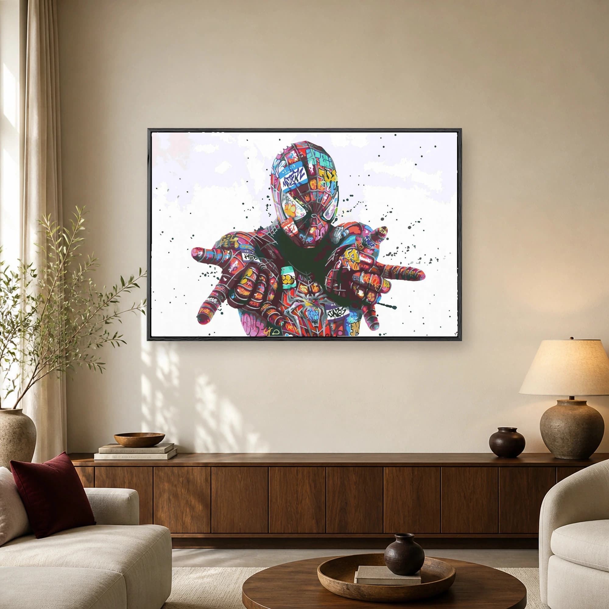Urban pop art canvas featuring a masked superhero covered in colorful graffiti, stickers, and dynamic paint splatters.
