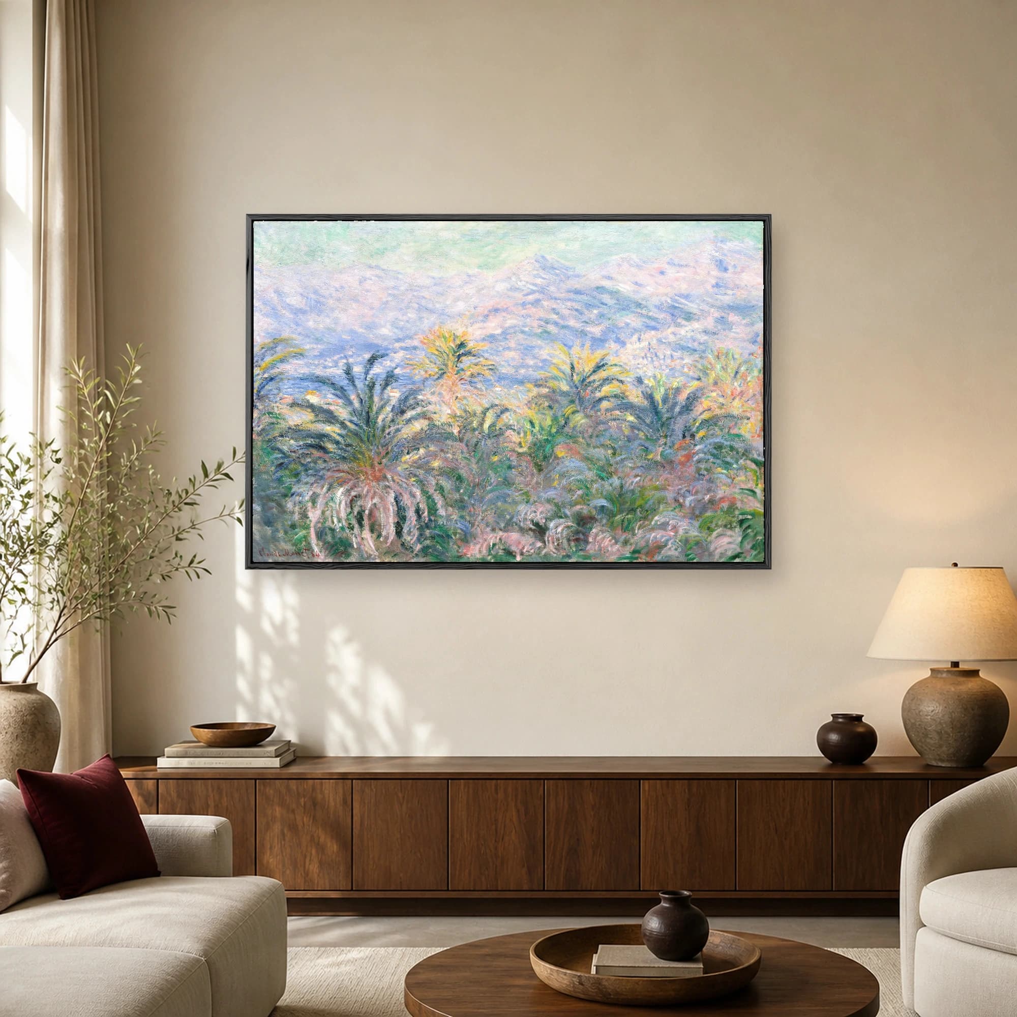 Impressionist painting by Claude Monet featuring lush green and gold palm trees against hazy blue mountains and a bright sky.
