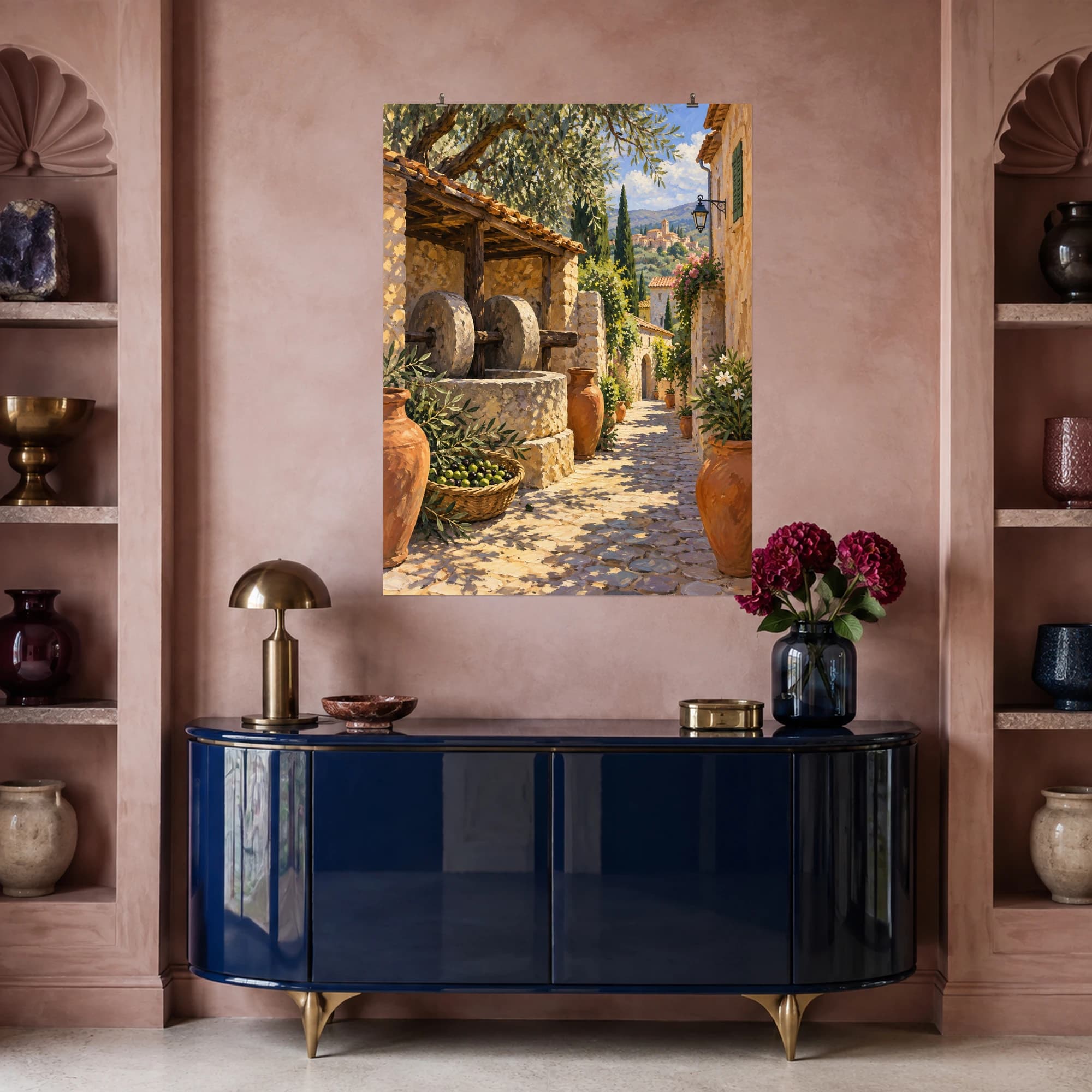 This gouache-style composition features a narrow sunlit village lane passing an old olive press and terracotta pots. Expressive brushwork and carefully balanced color bring a distinctive focal point to your wall.