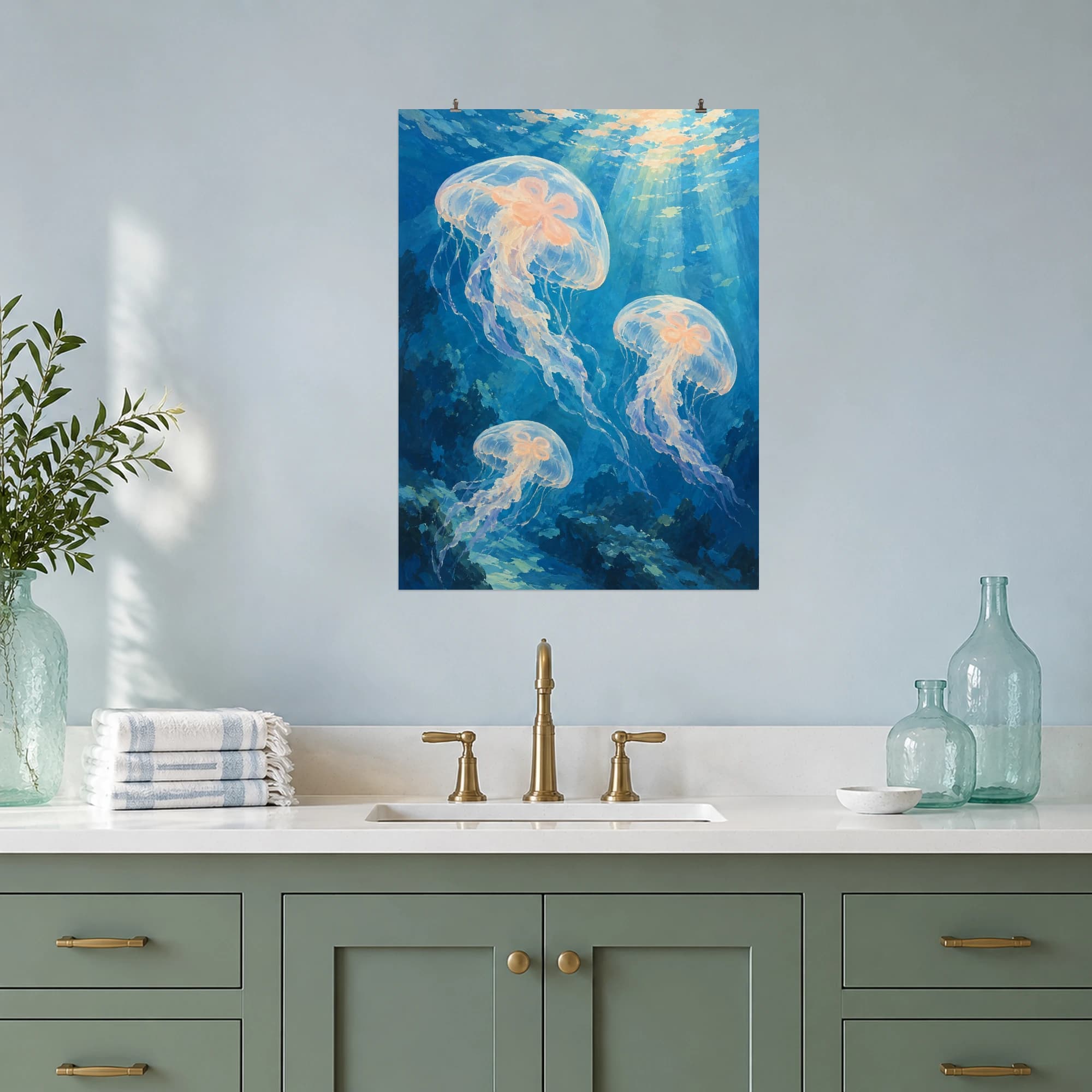This gouache-style composition features three translucent moon jellyfish drifting through azure water, soft peach internal shapes and shafts of light. Expressive brushwork and a balanced palette bring warmth and character to your space.
