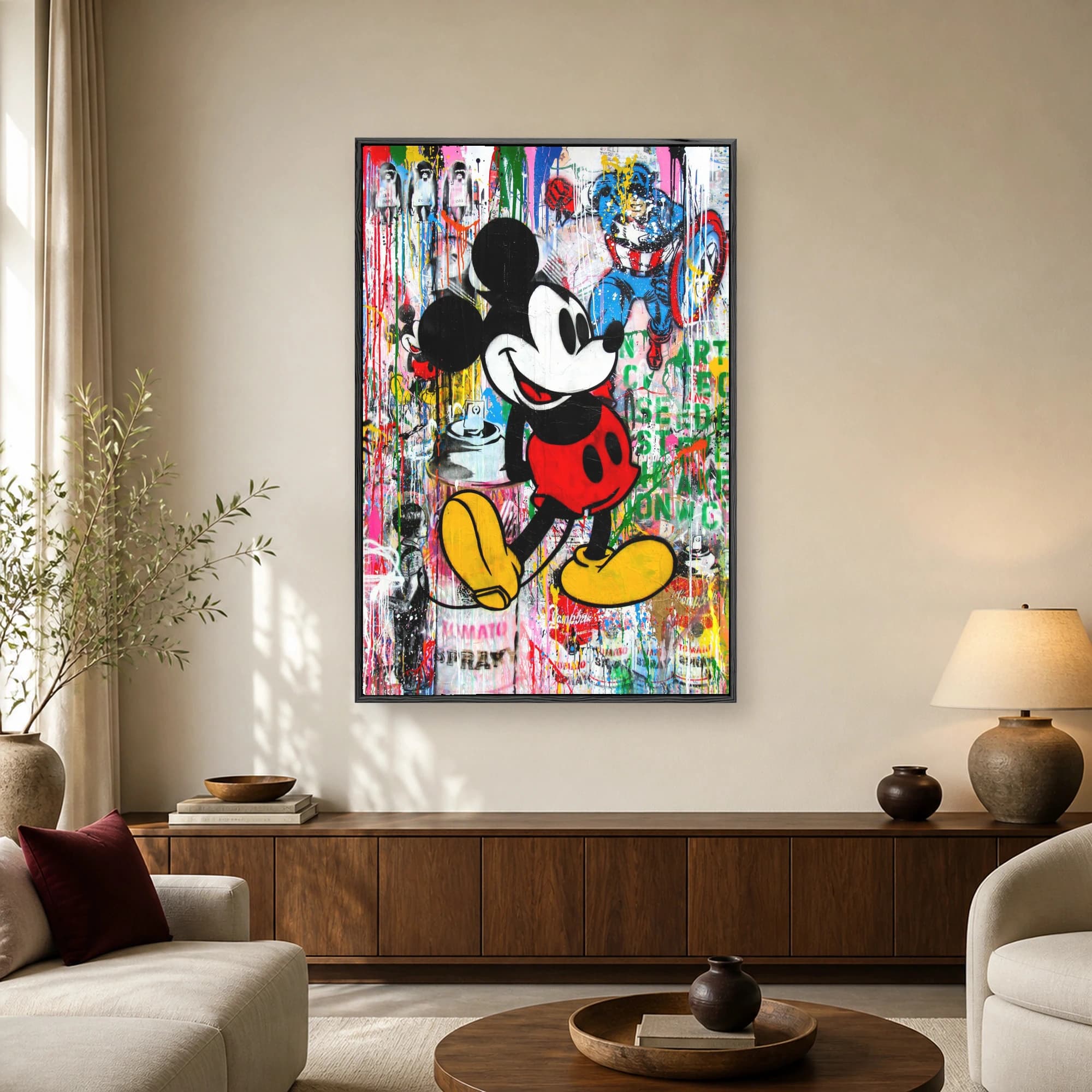 A vibrant street art painting featuring classic Mickey Mouse in the center surrounded by colorful paint drips and comic book references.