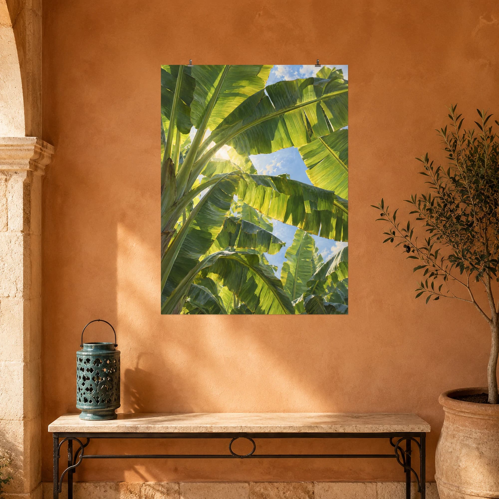 Sunlight filters through broad banana leaves seen from below. Green veins and glimpses of blue sky create an immersive tropical canopy.