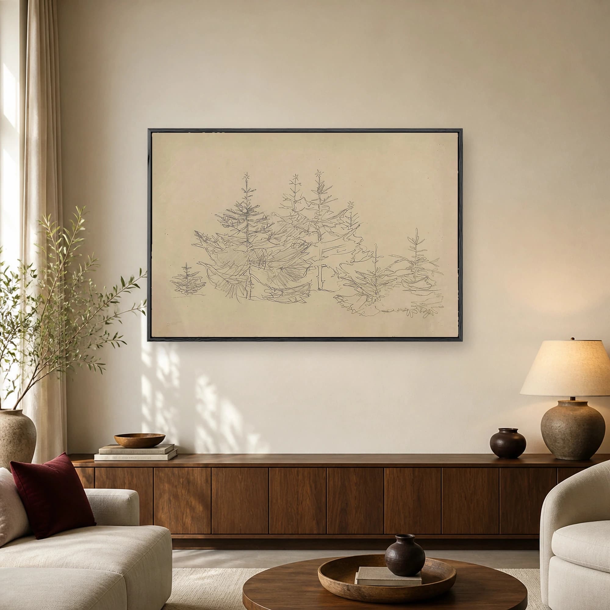 A minimalist pencil sketch of evergreen fir trees on aged parchment paper background