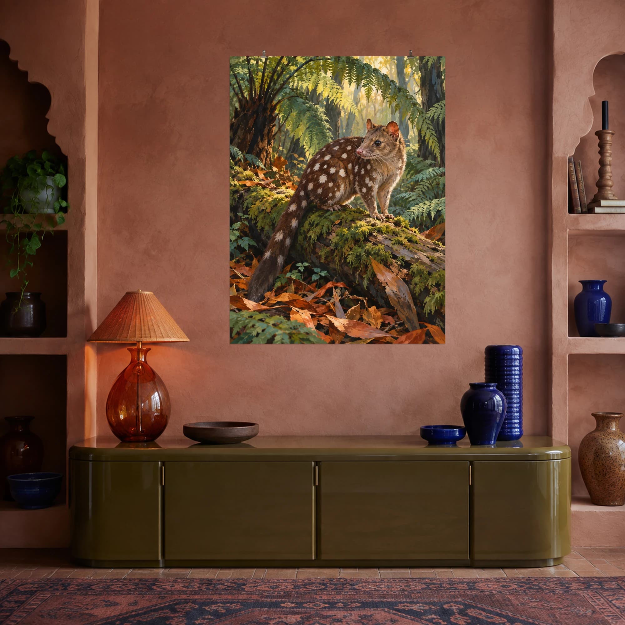 This gouache-style composition features a spotted quoll perched on a fallen mossy log among arching tree ferns, warm filtered forest light and copper leaf litter. Expressive brushwork and a balanced palette bring warmth and character to your space.